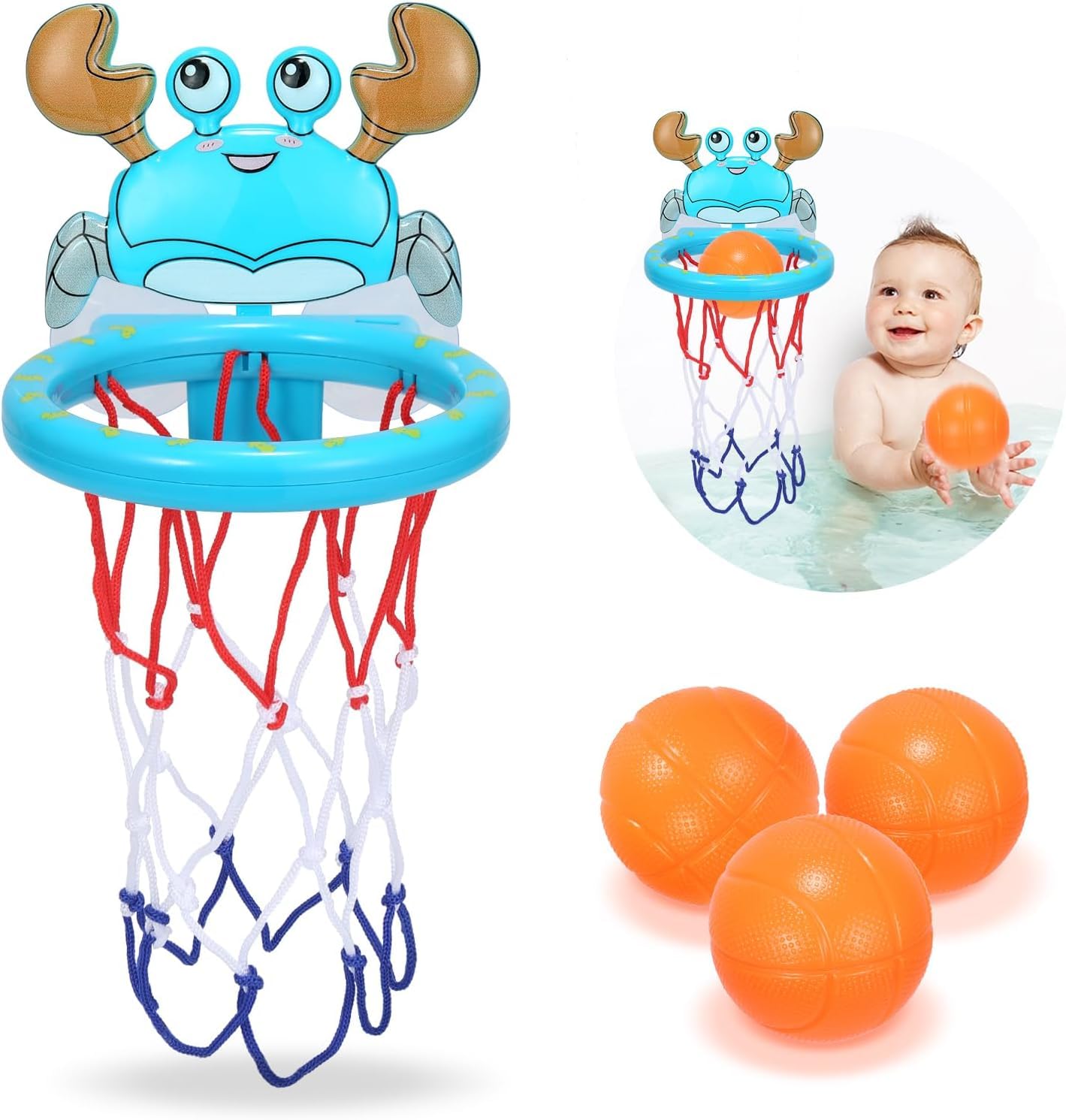 Bath Toys - Basketball Hoop Set Bathtub Toys for Toddlers Ages 1-3, Mini Basketball Hoop Toddler Bath Toys for Kids Ages 3-5,with Strong Suction Cup & 3 No Hole Balls, pool toys, Sensory Toys (Blue)