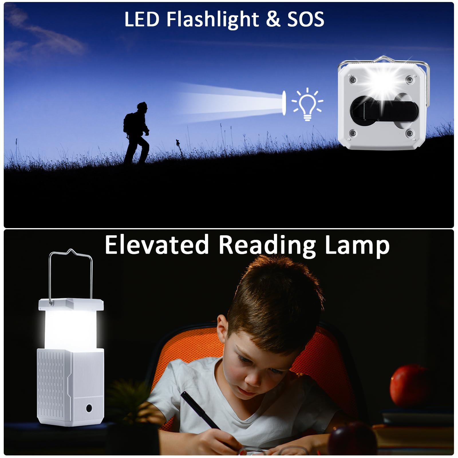 Linterna de camping recargable, manivela de mano y luces solares de camping con salida USB, luces de tienda para camping, lámpara de campamento portátil, esencial de fallo de energía para el hogar