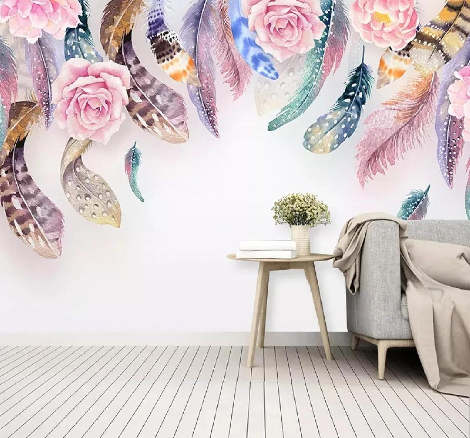XLMING Hand Drawn Beautiful Watercolour Feathers Flowers 3D Wallpaper Luxury Home Dining Decor Paste Sofa Living Room The Wall for Bedroom Mural-200cm×140cm