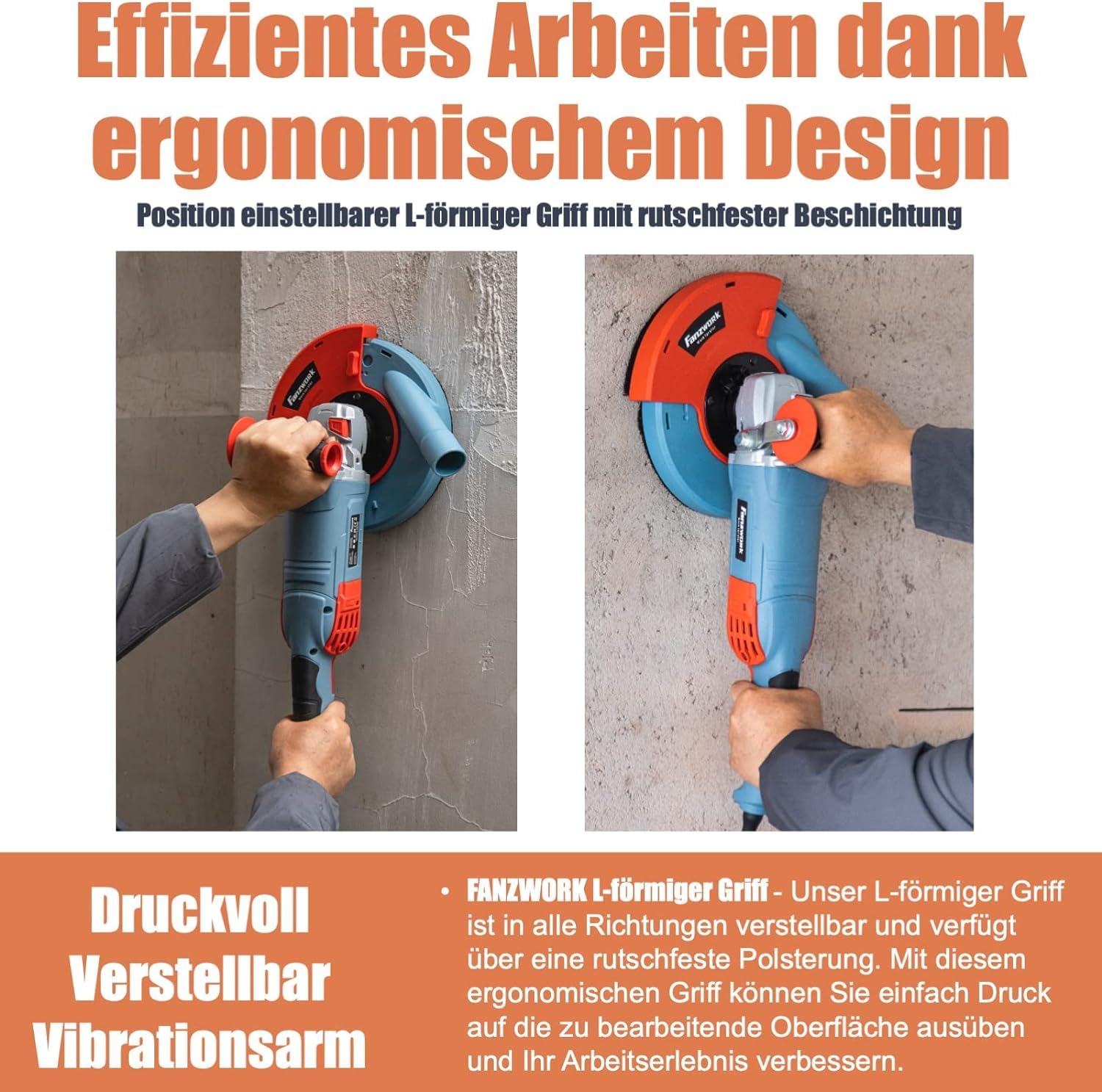 FANZWORK Zestaw szlifierek do betonu 1750W/180mm, 7500 min-1 obr/min, w tym 2 szt. Tarcze diamentowe Premium 180 mm, osłona ssąca, uchwyt w kształcie litery L