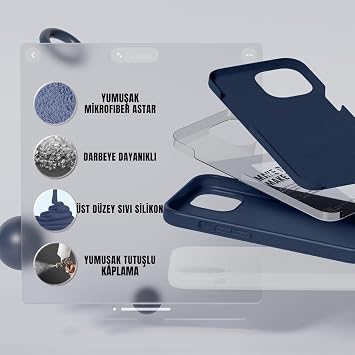 MADNOVA iPhone 13/14 İle Uyumlu Lansman Kılıf İnce Sıvı Silikon 3 Katmanlı Tam Kaplamalı Yumuşak Jel Kauçuk Telefon Kılıfı (lacivert)