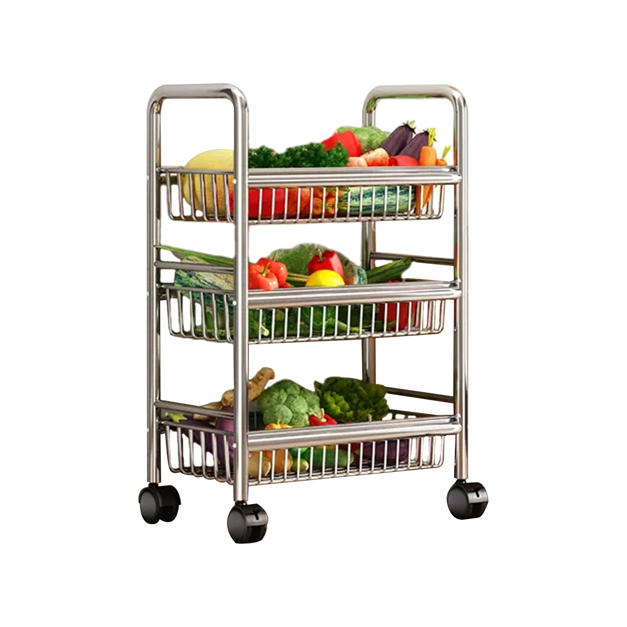Stainless Steel 304 Kitchen Cart with Wheels Multi-Functional Rolling Utility Trolley Mesh Basket &amp; Pantry Shelf for Fruits Vegetables Onions &amp; Potatoes Storage,C-49 * 32 * 75cm