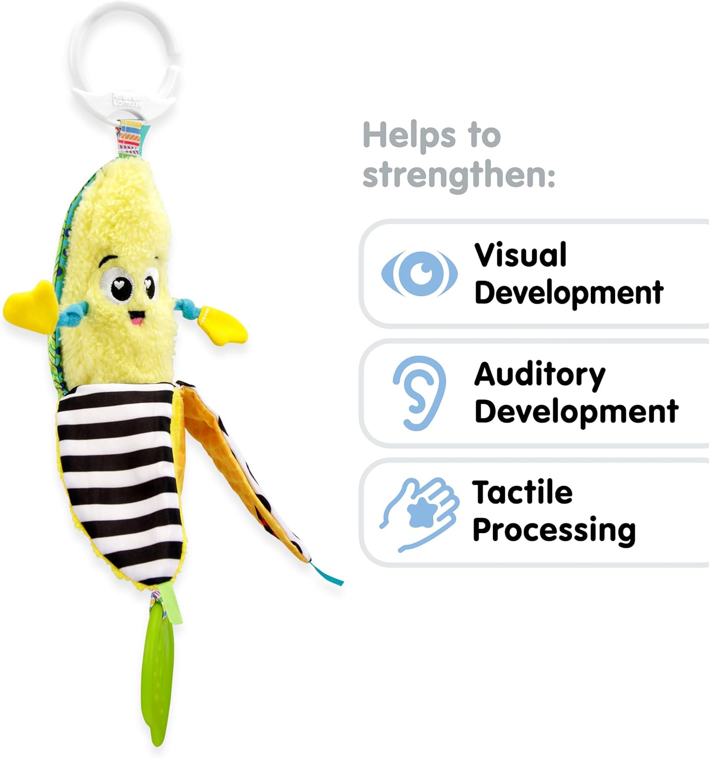 LAMAZE Bea The Banana, Clip on Pram and Pushchair Newborn Baby Sensory Toy, With Colours and Sounds, Development for Boys and Girls Aged 0 to 24 Months