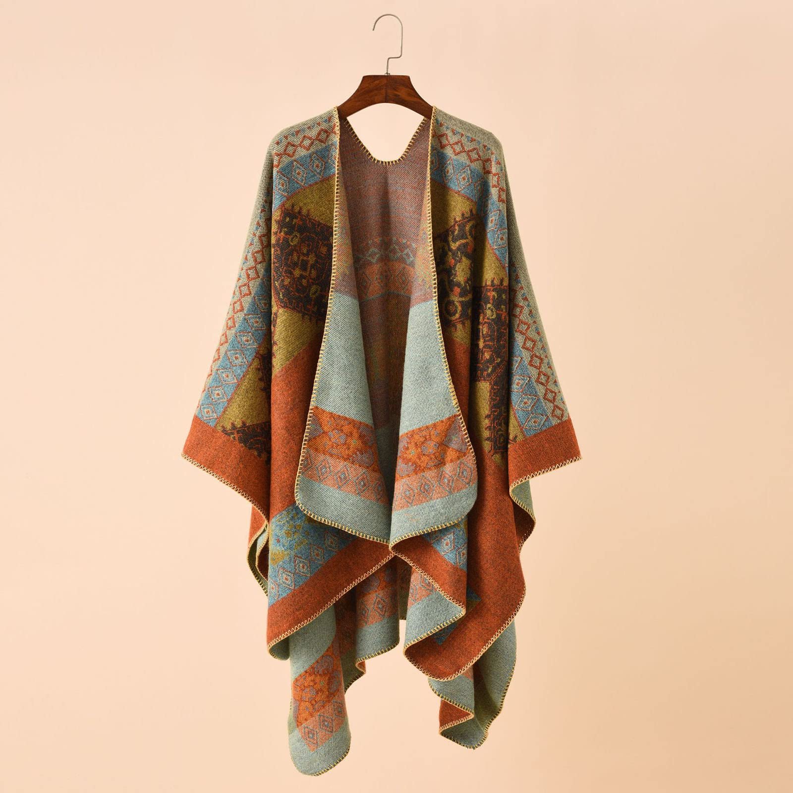 Damen Boho Pullover Poncho Schal Wrap Cape Mantel Winter Herbst Vintage Print Stricken vorne offene Strickjacke Decke