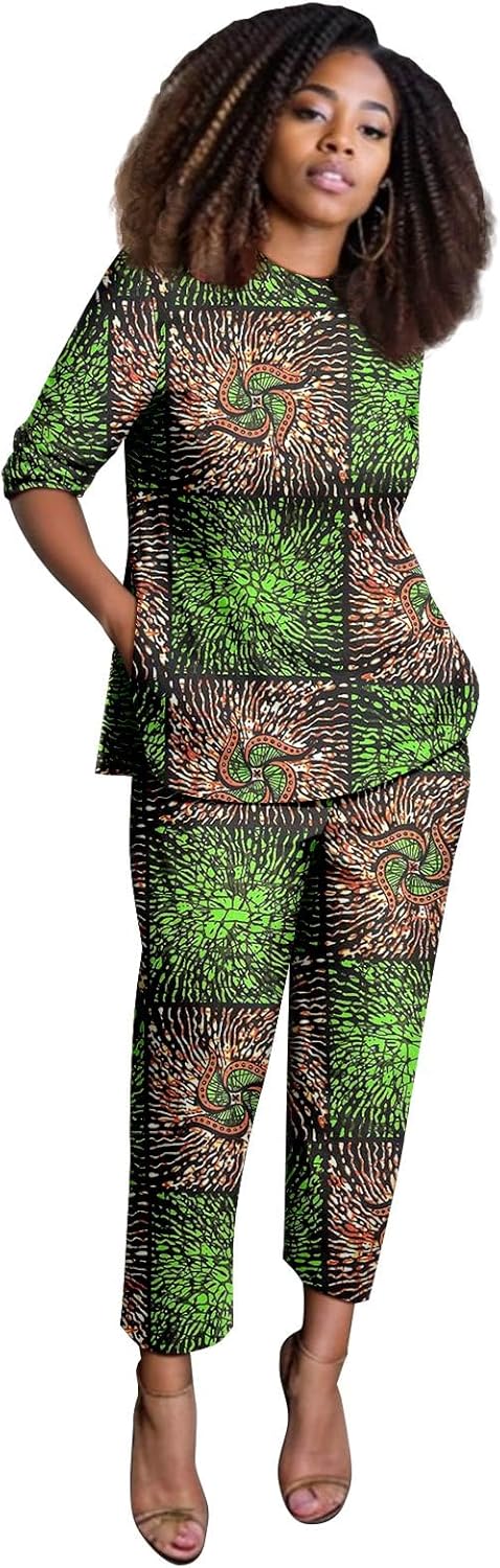African Suits for Women Anakra Print Half Sleeve Top and Pants 2 Piece Set Outfits Dashiki Casual Tracksuit