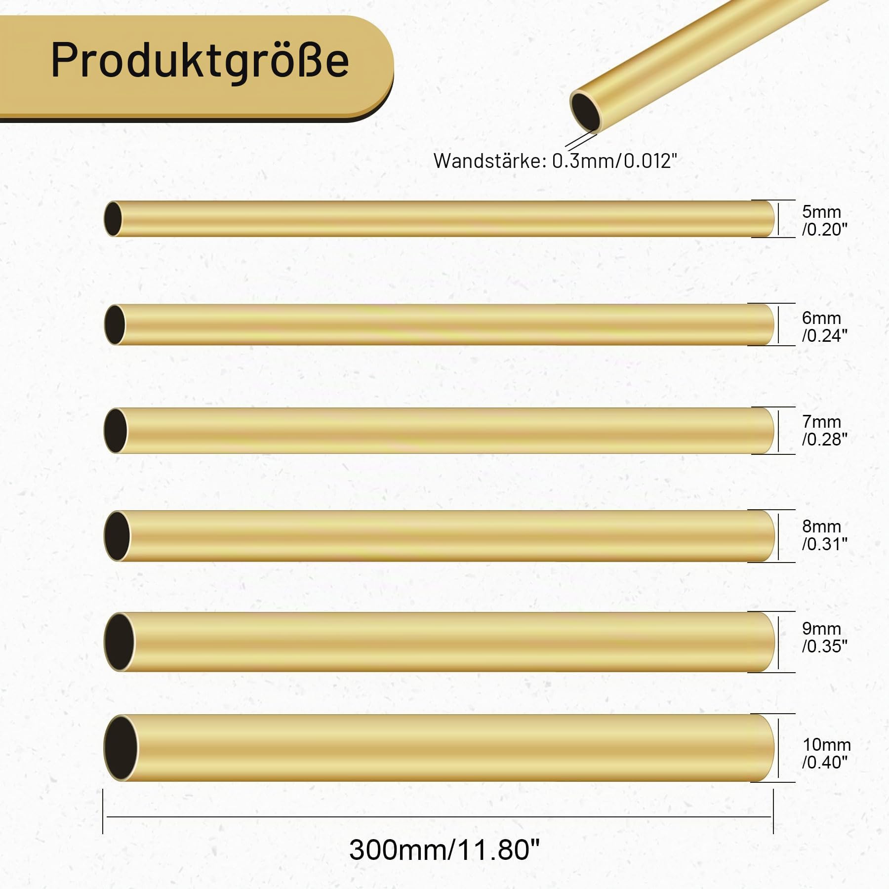 Messing-Rundrohr-Set, 6 Stück, nahtlos, gerade, 5 mm, 6 mm, 7 mm, 8 mm, 9 mm, 10 mm Außendurchmesser x 0,3 mm Wandstärke, 300 mm Länge, Messingrohre für Heimwerker, Handwerk