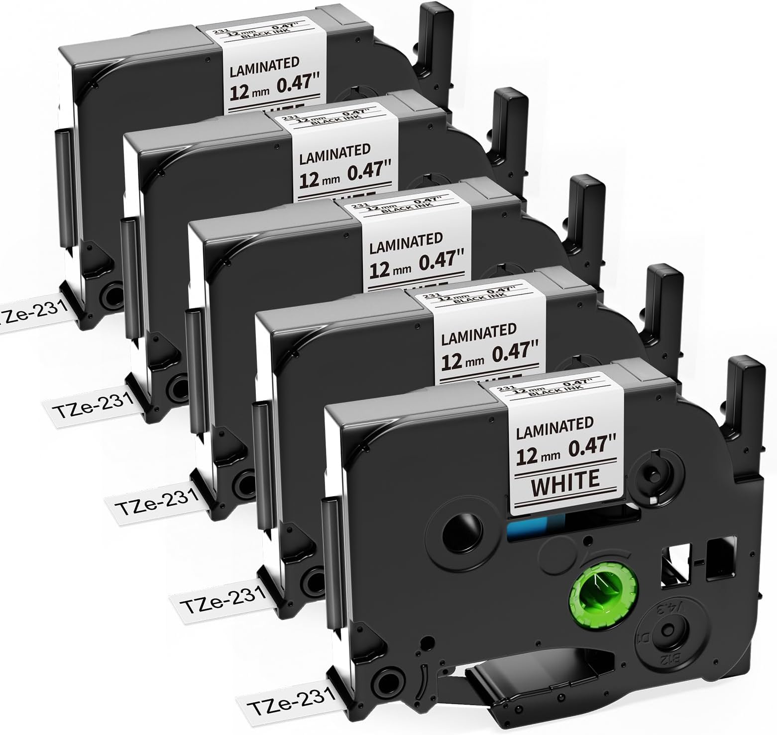 Nastri Etichette Compatibili Brother TZe-231 12mm - 5 Confezioni, Bianco Laminato, Per Etichettatrici PT Series