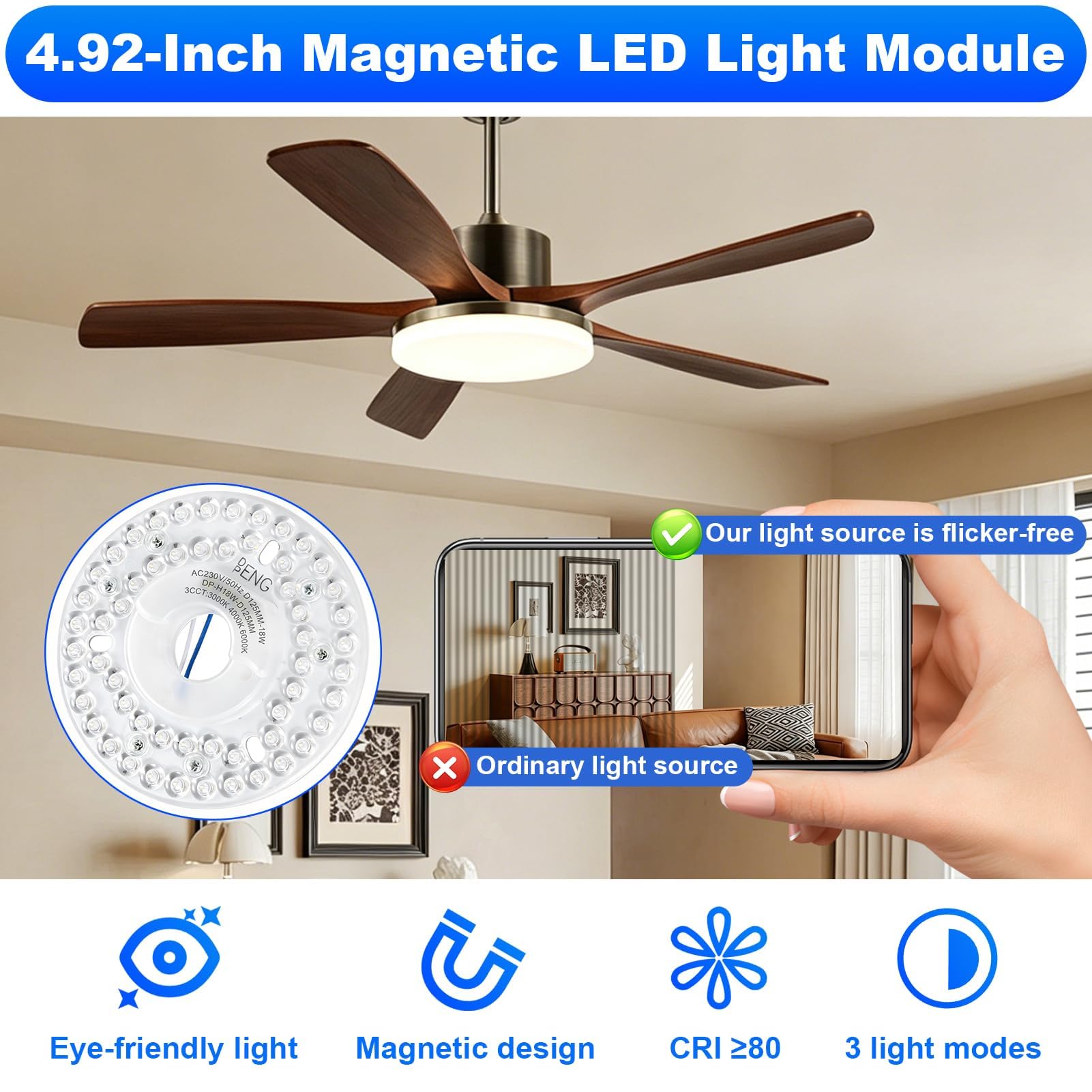 Kit LED 18W per Ventilatore a Soffitto, Modulo Led Circolare 4,92 Pollici 3CCT 3000K 4000K 6000K, Led Ricambio Ventilatore Soffitto per Plafoniera Lampadario Luce a Parete