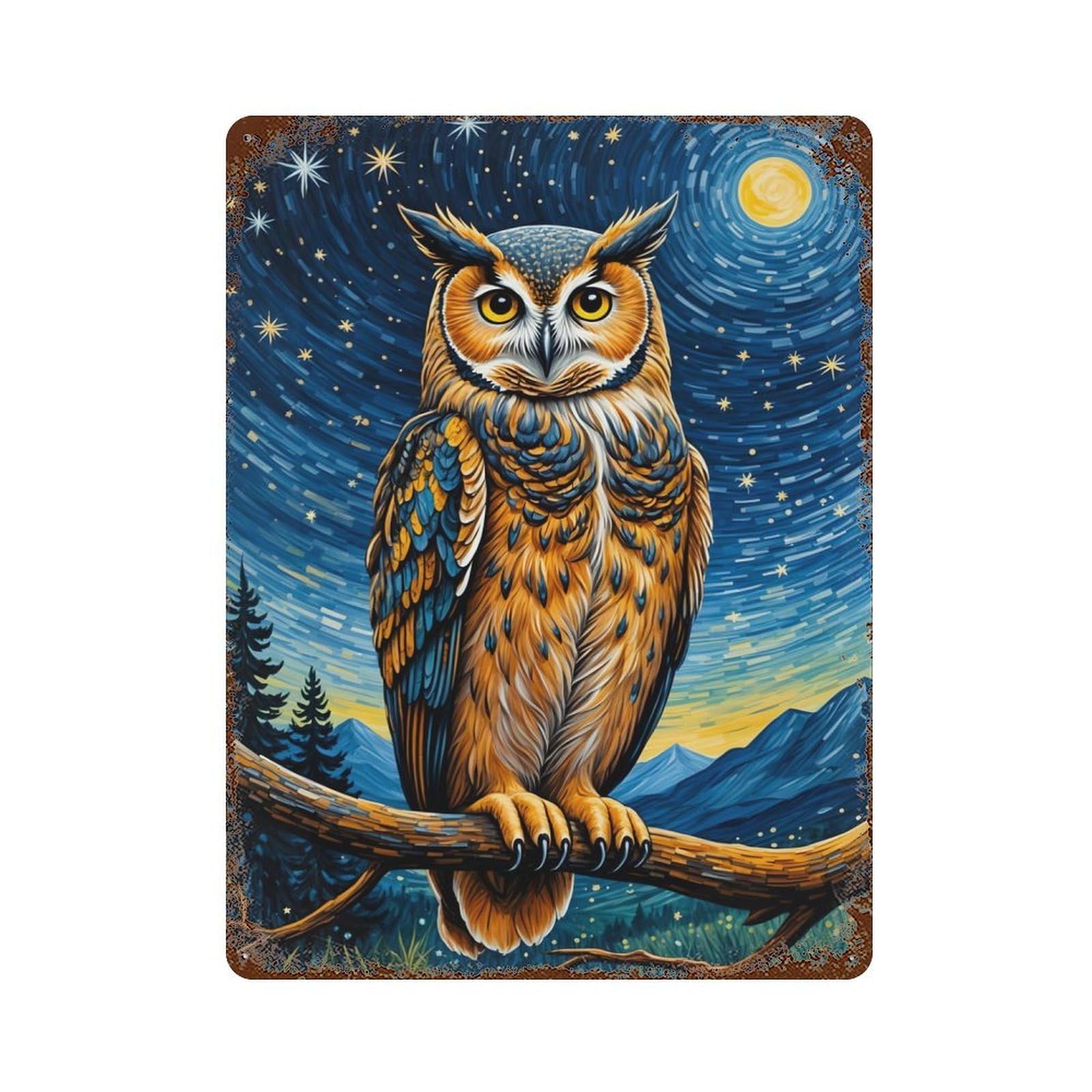 Owl Starry Night Decorative Tin Sign 15.7"x11.8", Old School Wall Decor for Garage, Pub Or Kitchen