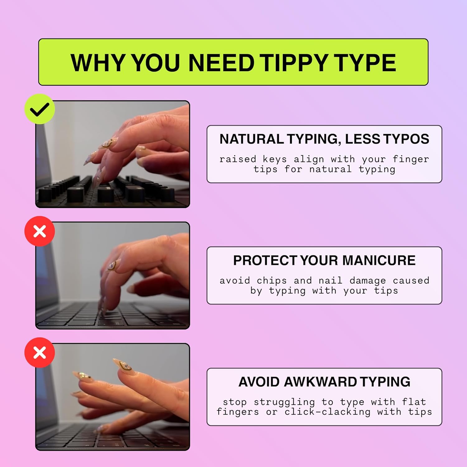 TIPPY TYPE Raised Keyboard Cover for Long Nails - Fits MacBook Pro & Air, iPad 13", & Magic Keyboard (No Numpad) -Silicone -The Original -Comfortable Typing, Quiet, Nail Protection (Matte Black)