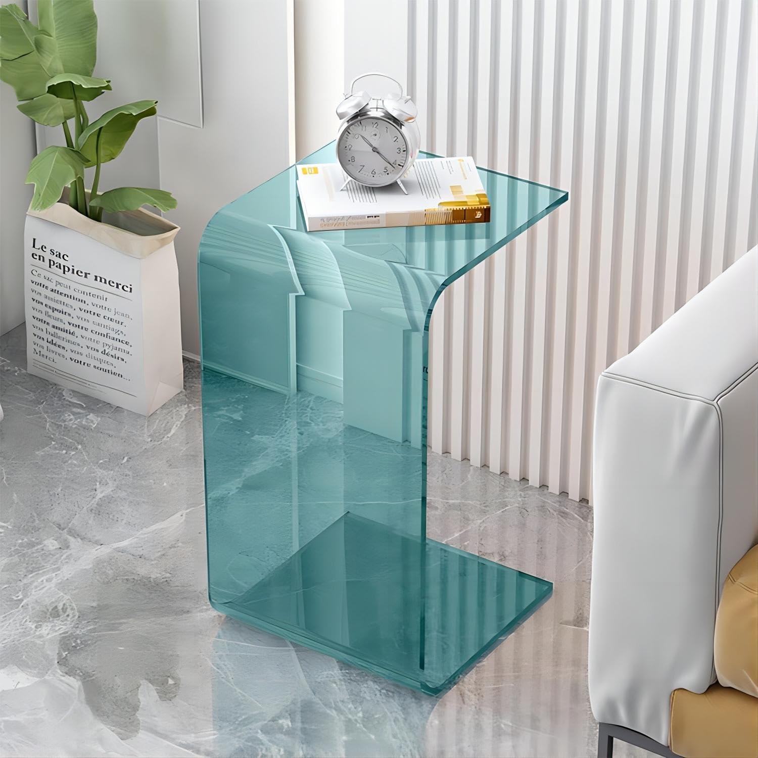 Mesa auxiliar transparente azul cielo en forma de C para mesita de noche y oficina