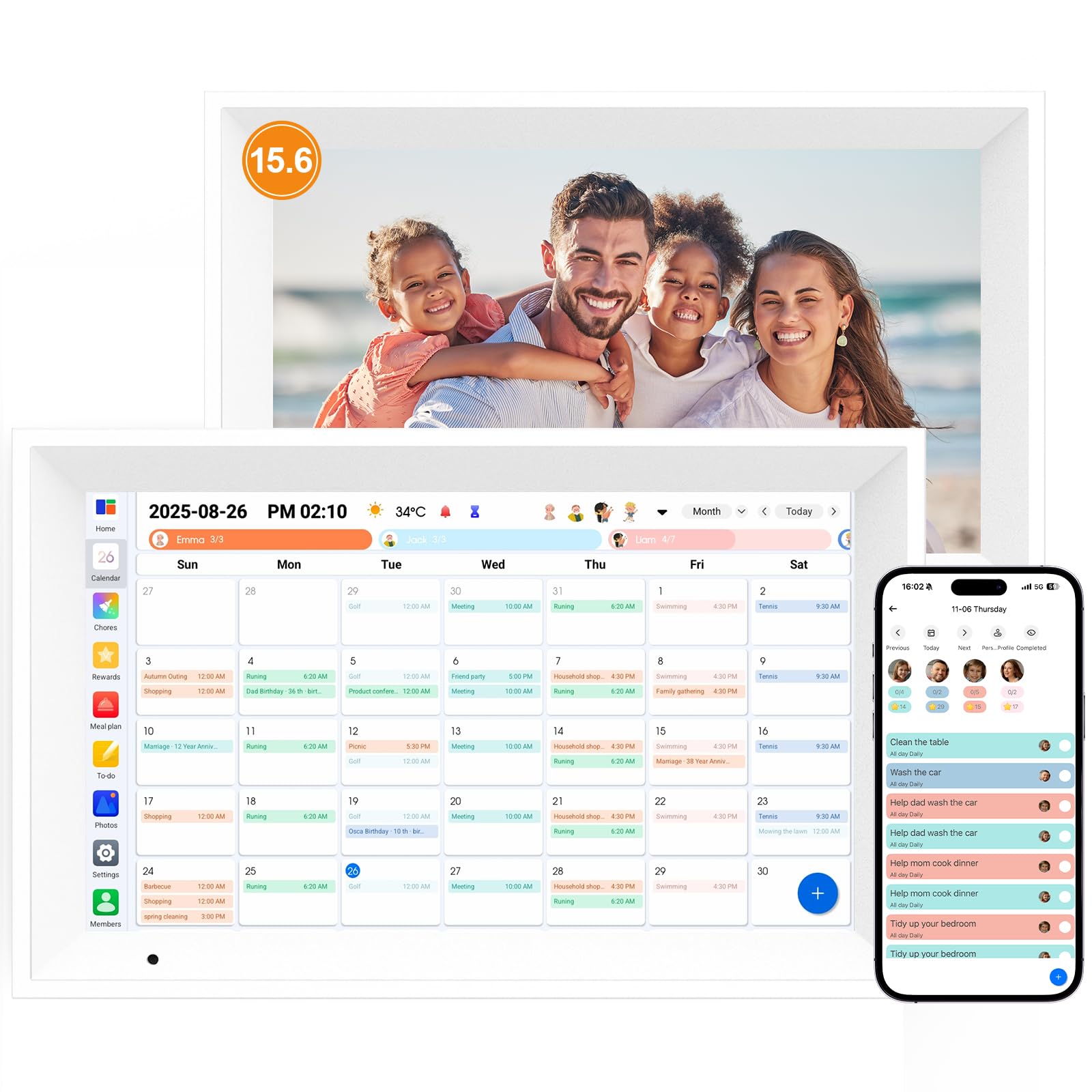 Linkdaze Digital Calendar 15.6" Digital Wall Planners for Family Schedules, Electronic Calendar with 1920*1080 Interactive Touchscreen, Digital Photo Frame Built-in 64GB Memory, Smart Calendar-White