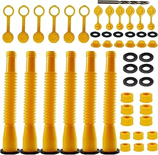 49 Pcs Gas Can Spout Replacement, Gas Can Nozzle Kit (6 Set-Yellow) with 6 Spouts, 6 Spout Caps, 12 Screw Collar Caps(6 Coarse Thread & 6 Fine Thread-Fits Most 1/2/5/10 Gal Oil Cans),2 Types of Gas Can Vent Caps, Rubber Gaskets and Drilling Bit