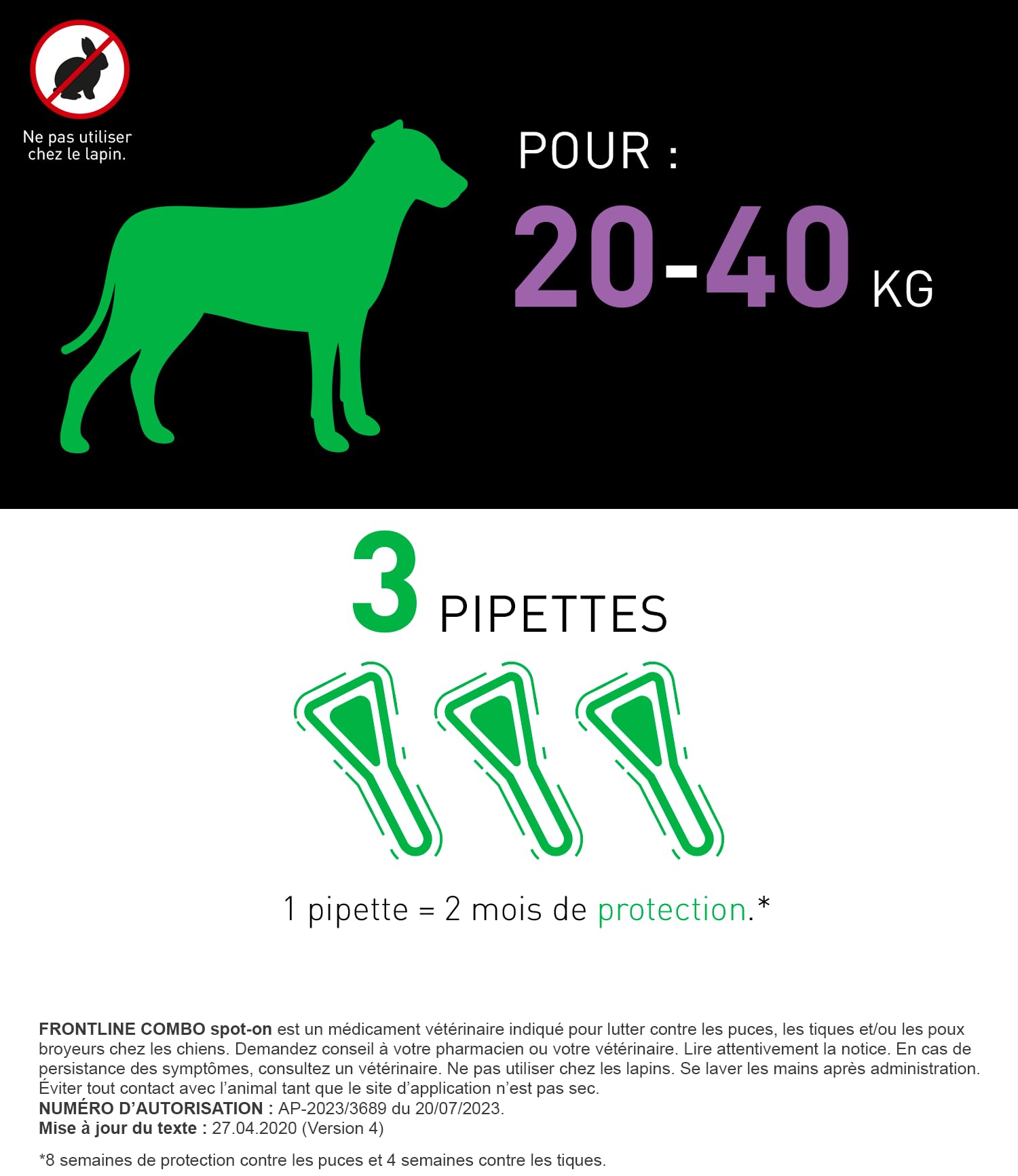 FRONTLINE Combo Chien - Anti Puces, Tiques, Poux broyeurs - Protège L'Habitat* - Élimine Puces Pendant 8 Semaines/Tiques Pendant 4 Semaines - Pour Chien 20 à 40 kg - 3 Pipettes Spot-On