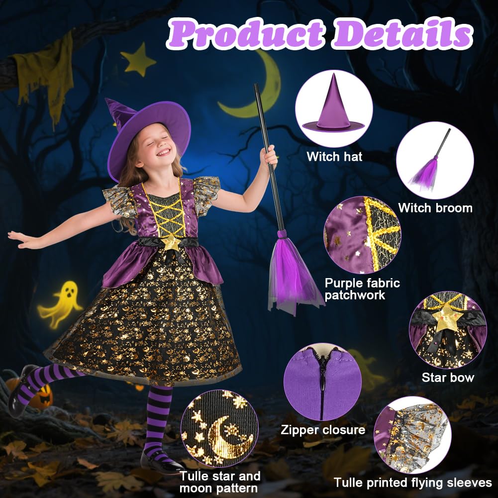 BSBUY Kid Witch Costume Halloween Glitter Witch Fancy Dress Up for Girls Purple Witch Princess Dress Witch Outfit Costume with Hat Broom Tattoo Belt for Wizards Carnival Reading Day Christmas(M) - Image 3