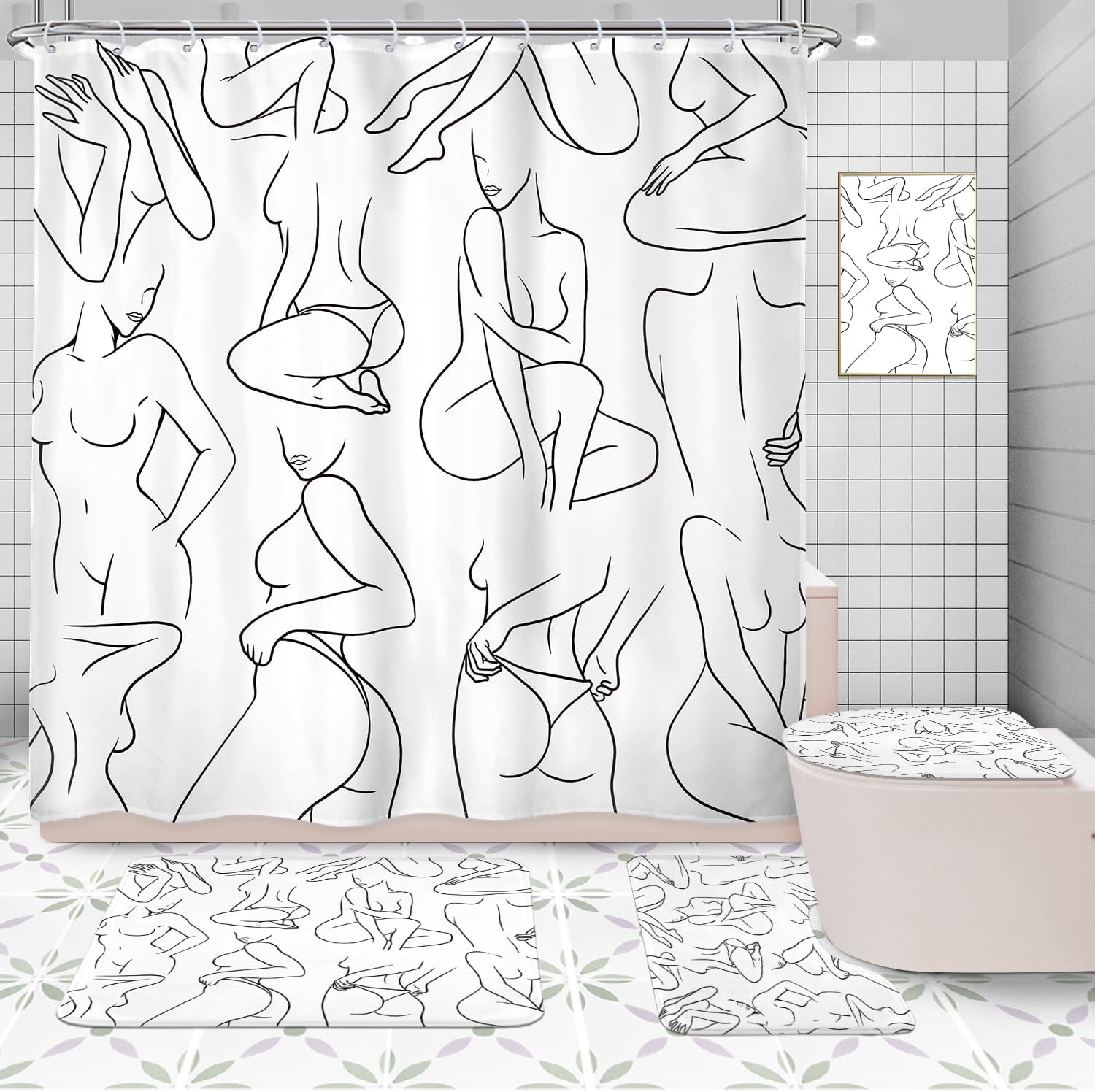 SVBright 4PCs Abstract Black White Bathroom Sets Women Line Shower Curtain Set 72Wx72H Modern Bathroom Rug Quick Dry Bath Rug Mat Toilet Mat U-Shape Cover Nonslip Washroom Decor Shower Accessories