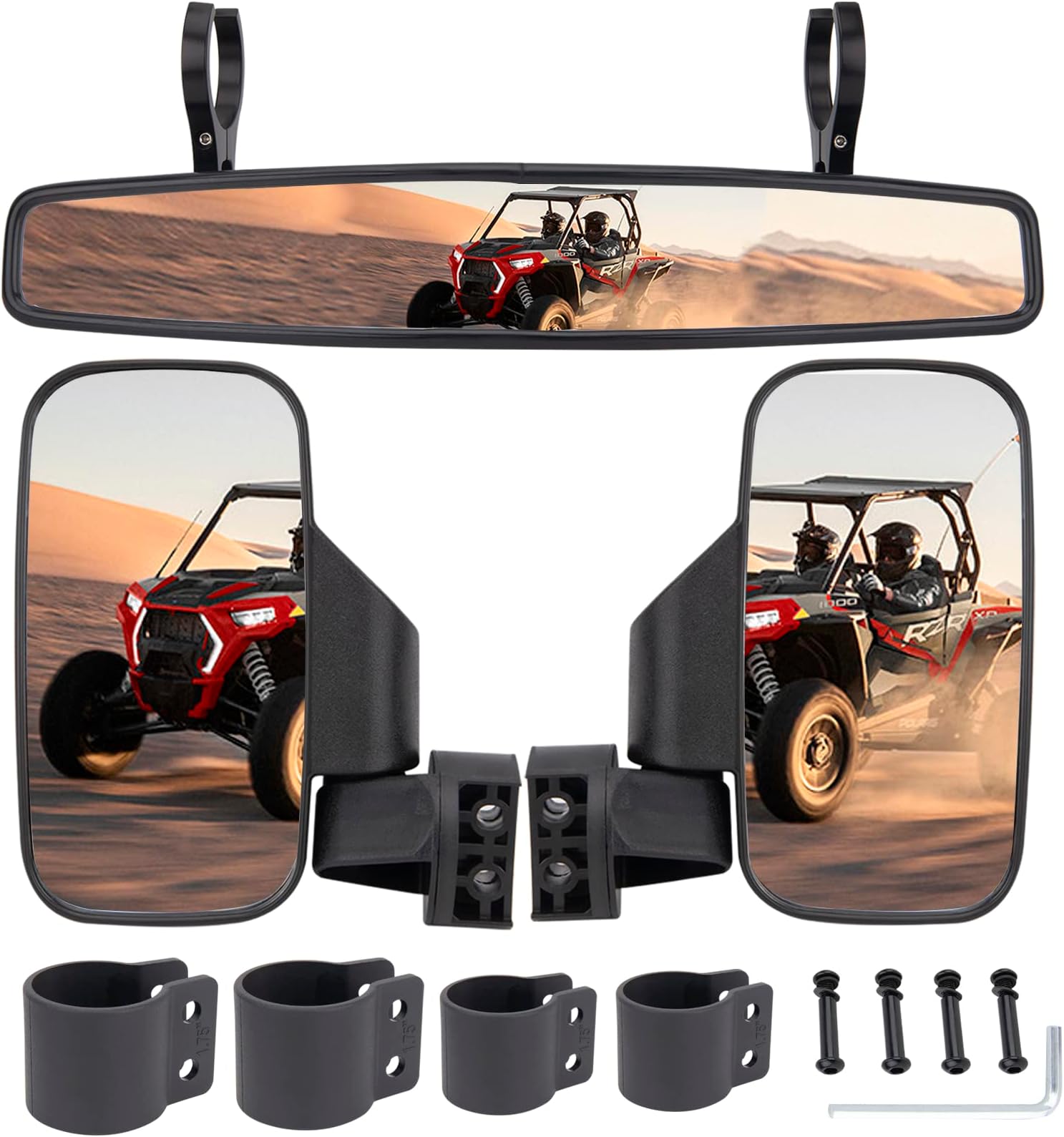 CMOOD UTV Side By Side Mirrors And Rear Center View Mirror With 1.75" to 2" Roll Bar Cage Compatible with Polaris RZR Commander Yamaha Kawasaki