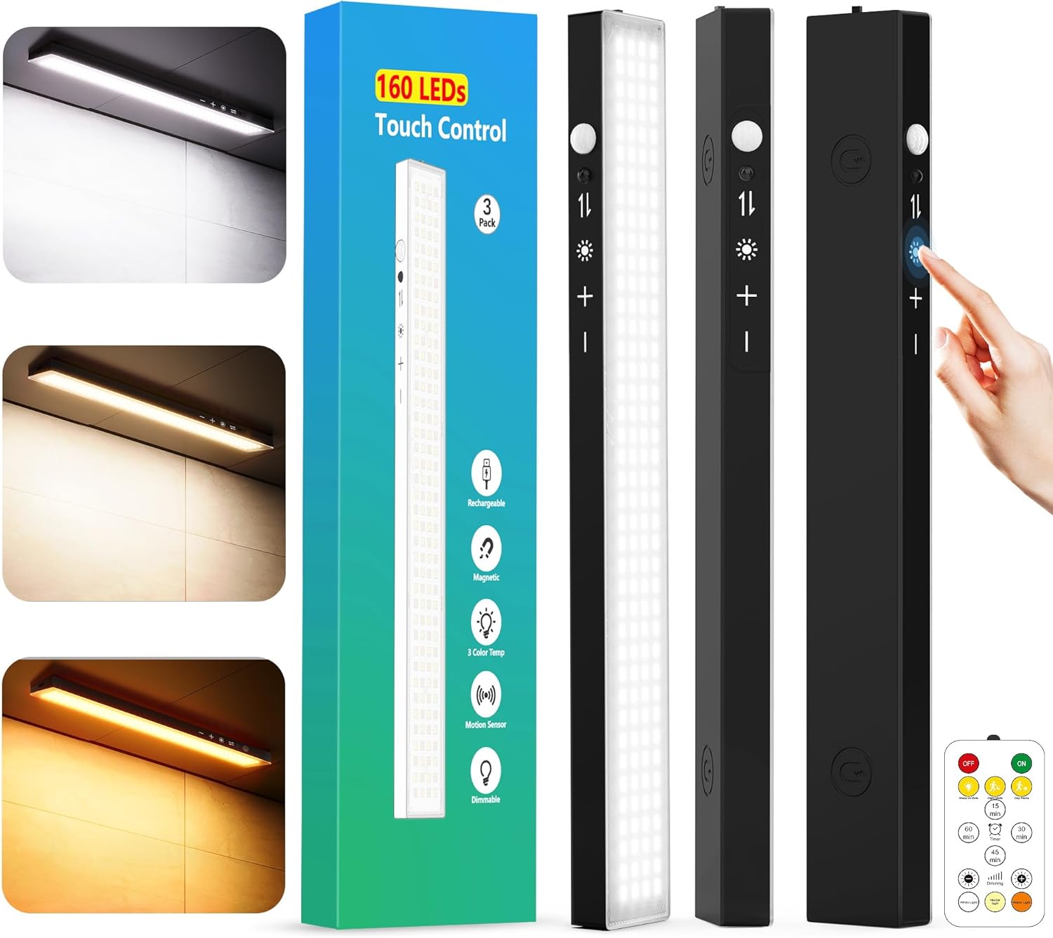3Pack Touch Control Under Cabinet Lighting, 160LED Super Bright, 4000mAh Long-Lasting, Magnetic Rechargeable Motion Sensor Under Counter Lights for Kitchen, Closet, Remote, Dimmable, 3CCT丨Black