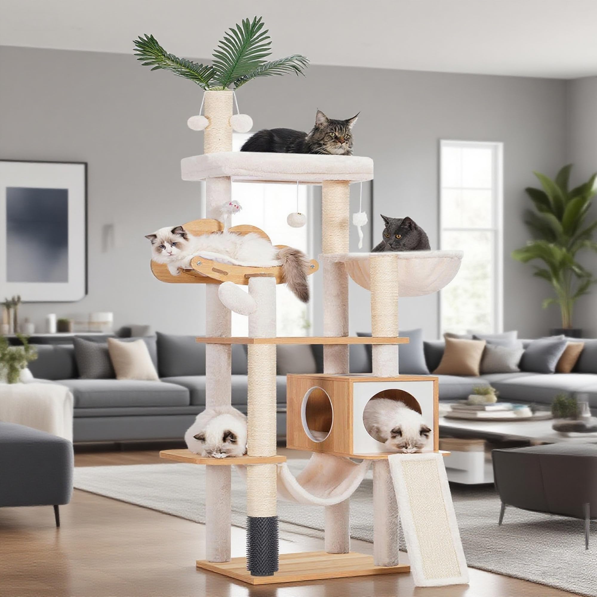 Heybly Árbol para Gatos Moderno, 156 cm de Altura, 4 Niveles, Postes Rascadores, 2 Plataformas, Cuevas, Hamaca, 3 Pompón, Multinivel para Gatos Grandes, Nogal