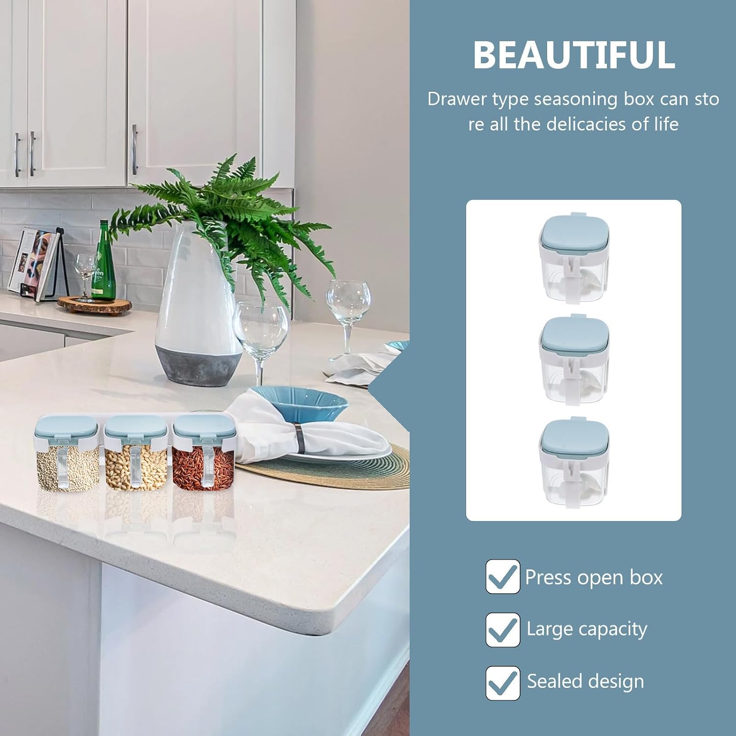 OUNONA 3pcs Wall Hanging Seasoning Box with 3 Spoons, ABS Plastic