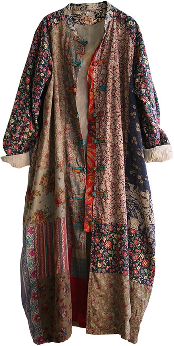 1960s Coats and Jackets LZJN Womens Trench Coat Floral Print Jacket Chinese Style Patchwork Outwear AT vintagedancer.com