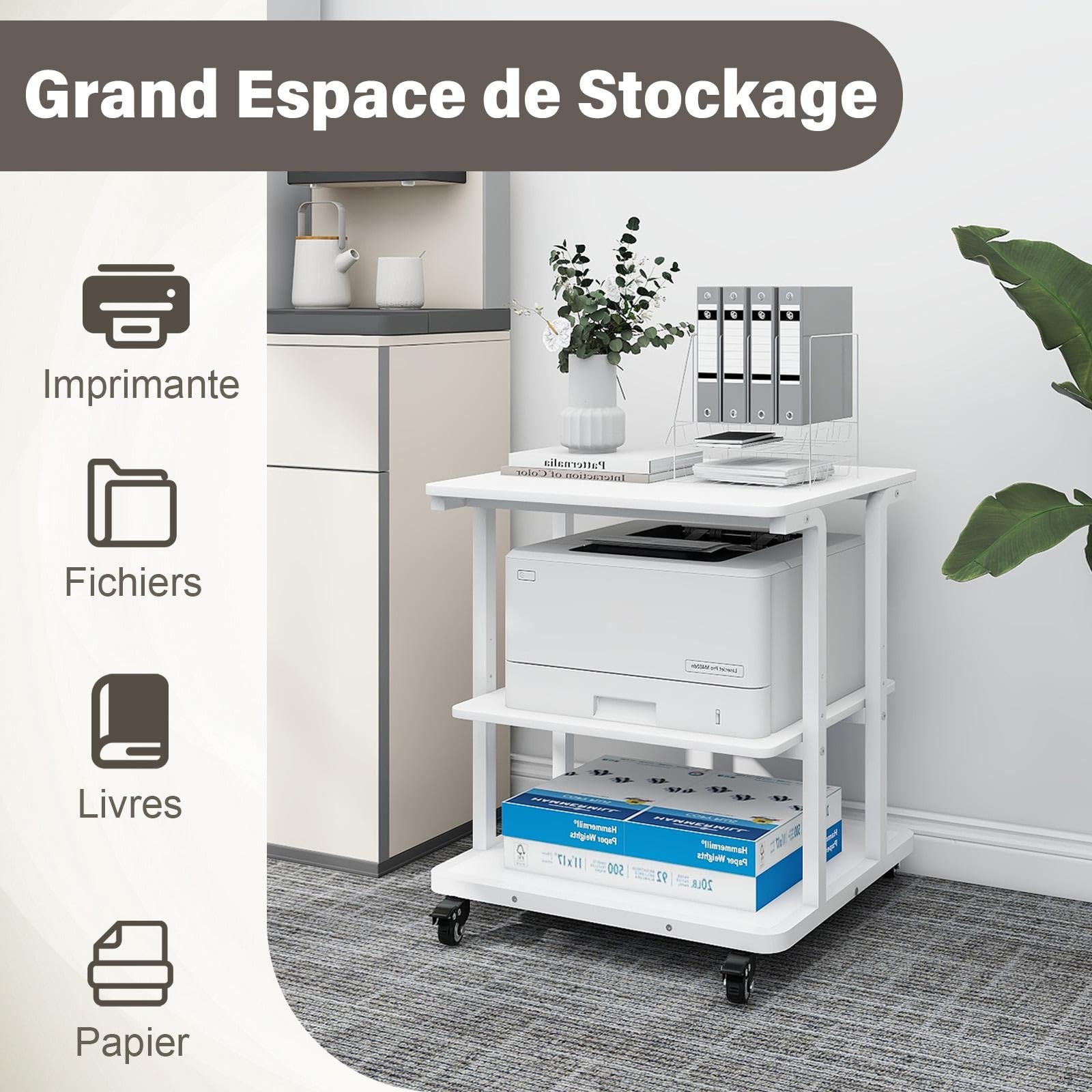 PUNCIA Support Imprimante à 3 Niveaux Meuble Rangement 60x50x68CM (Blanc) | Table de Chevet avec Roulettes Caisson Bureau de Rangement Organisateur de Stockage Charge de 90KG pour Bureau à Domicile