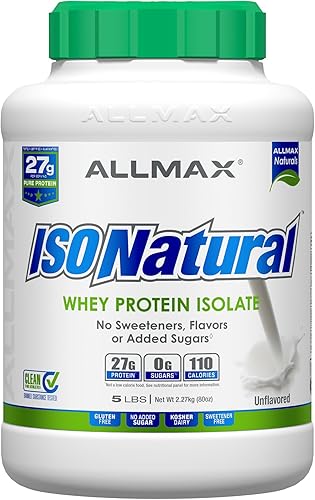 ALLMAX ISONATURAL aislado de proteína de suero de leche, sin sabor, 5 libras, 0.95 oz de proteína por cucharada, cero grasa y azúcar, 99% libre de