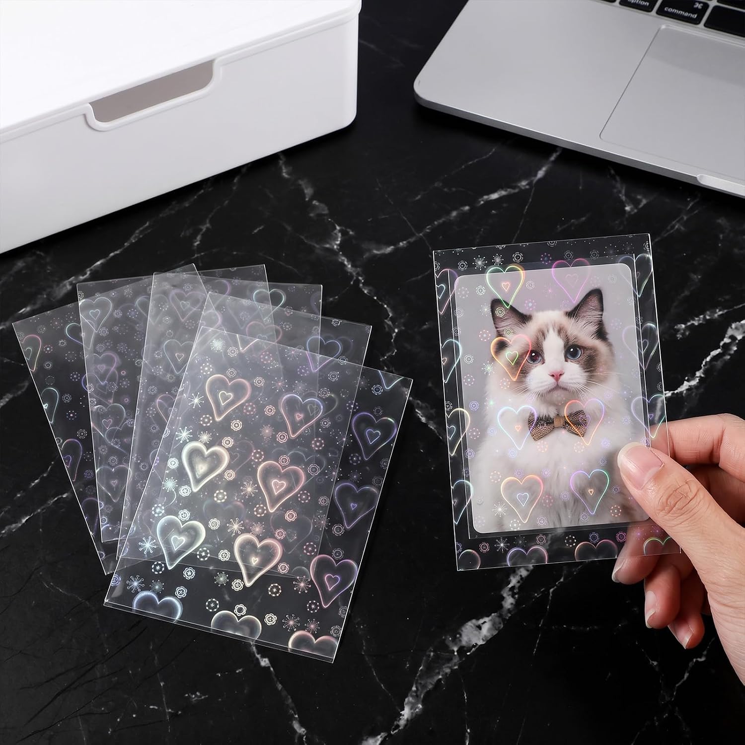 200pcs Photocard Sleeves, Heart Laser Flashing Holographic Foil Cute Photo Card Sleeves Waterproof Clear Protector Slim Fit for Albums Photocards Trading Cards Postcards Shield Cover image 3