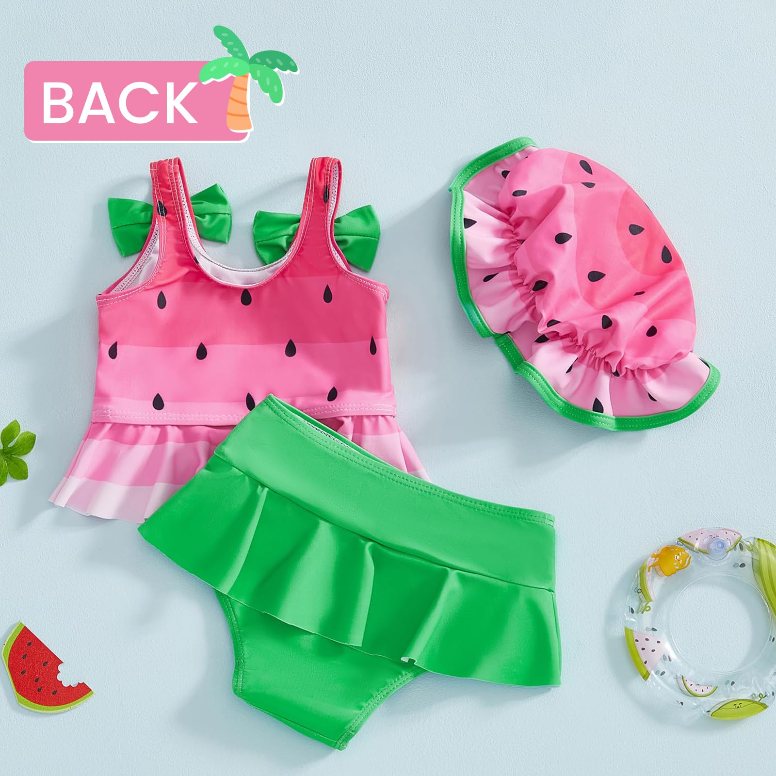 DivingBirds Costume da bagno a due pezzi per bambine con cappello, costume da bagno con volant e fiocco per 3-4 anni