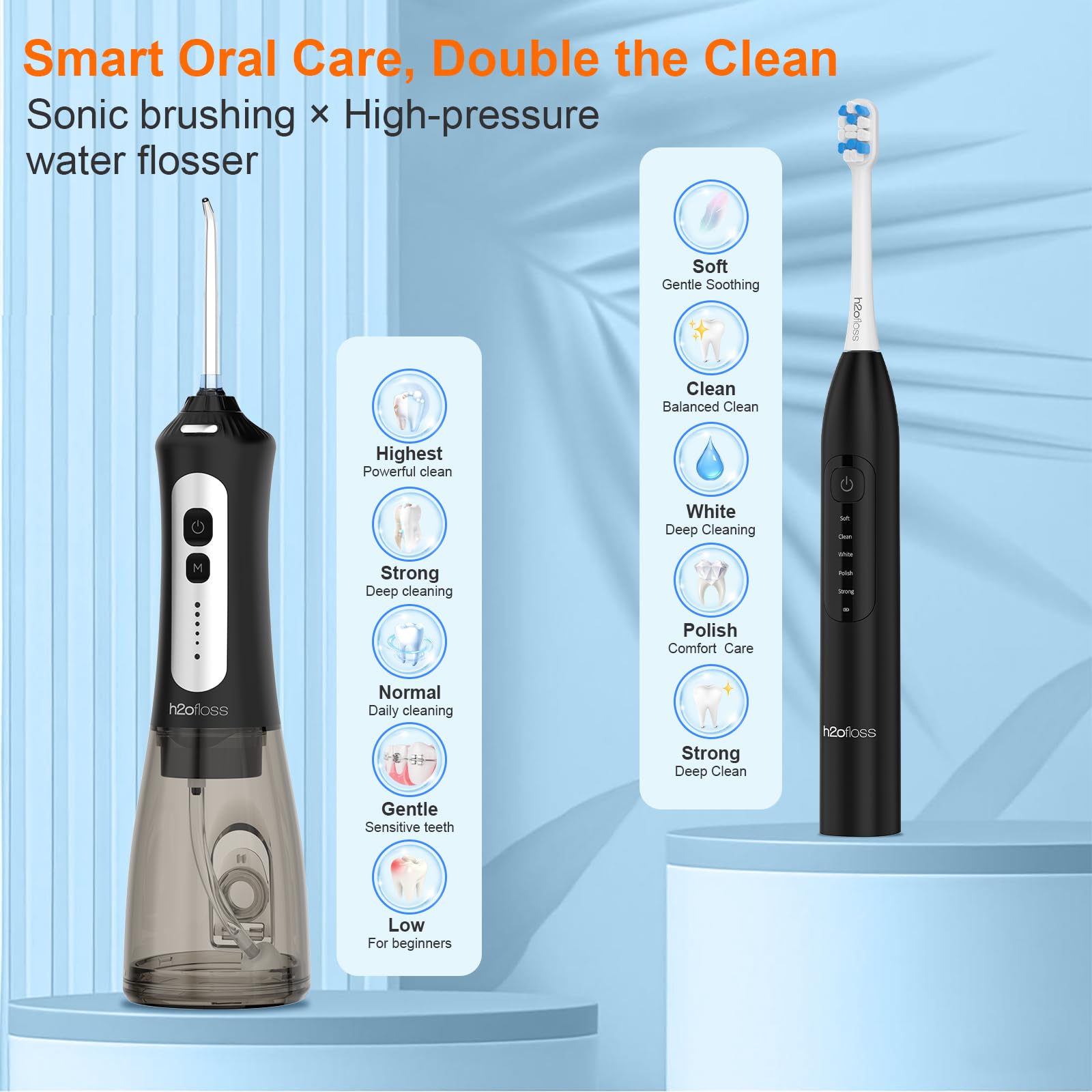 H2ofloss Sonic Elektrische Zahnbürste und Wasser Flosser Combo, Wiederaufladbare 2000mAh Zahnbürste und 2500mAh Munddusche mit 300ml Tank, 4 Bürstenköpfe, 5 Düsen, 2 in 1 für Zuhause und Reisen