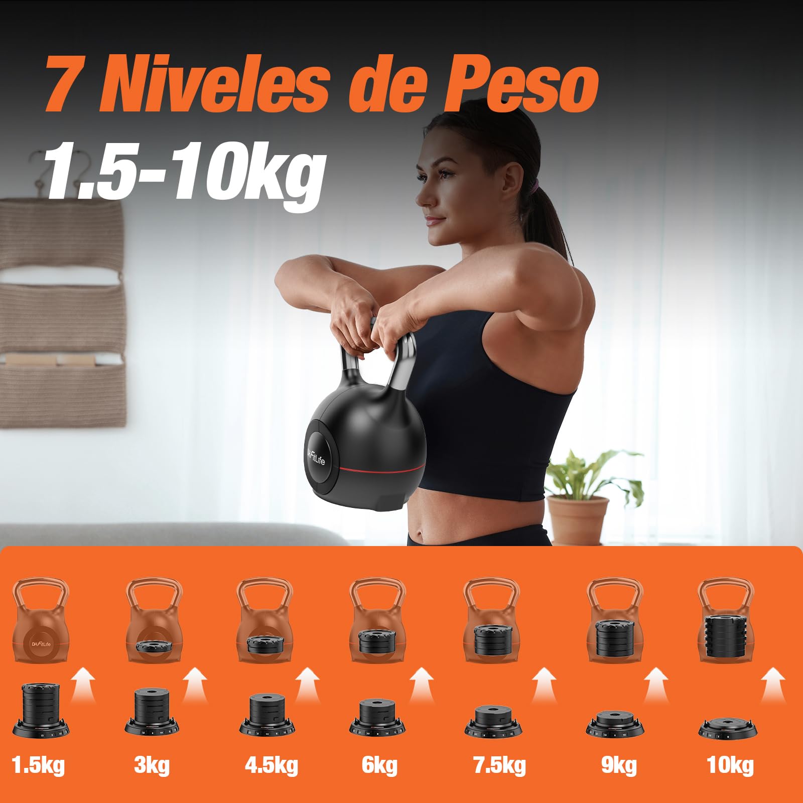 DH FitLife Pesa Rusa Ajustable 7 en 1 (1,5-10kg), Kettlebell con 7 Niveles de Peso, Mancuerna Kettlebell para Entrenamiento de Fuerza, Pesas para Casa y Gimnasio, Compacta y Ahorra Espacio