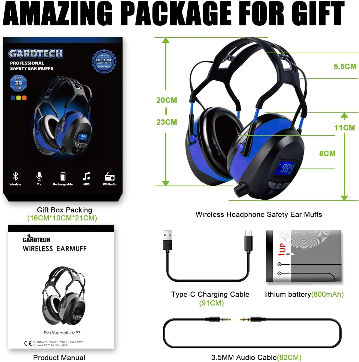 GARDTECH Cuffie antirumore Bluetooth antirumore con radio wireless MP3 FM paraorecchie di sicurezza con display LCD 4 GB SD Card per adulti per giardino lavorazione del legno nero e blu
