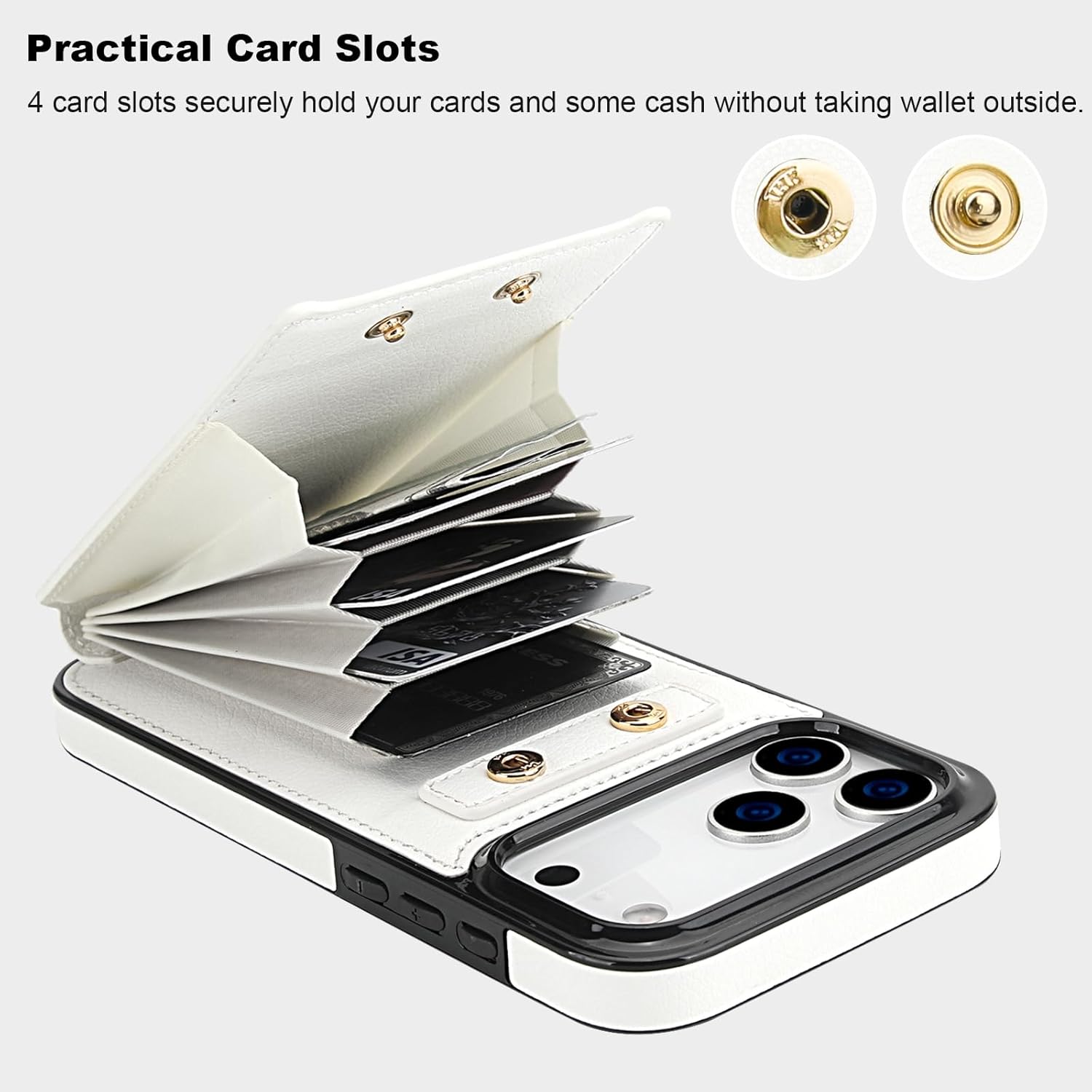 Folosu Compatible with iPhone 17 Pro Max Case Wallet with Card Holder, 360°Rotation Finger Ring Holder Kickstand, RFID Blocking Leather Protective Double Buttons Shockproof Cover 6.9 Inch White - Image 4