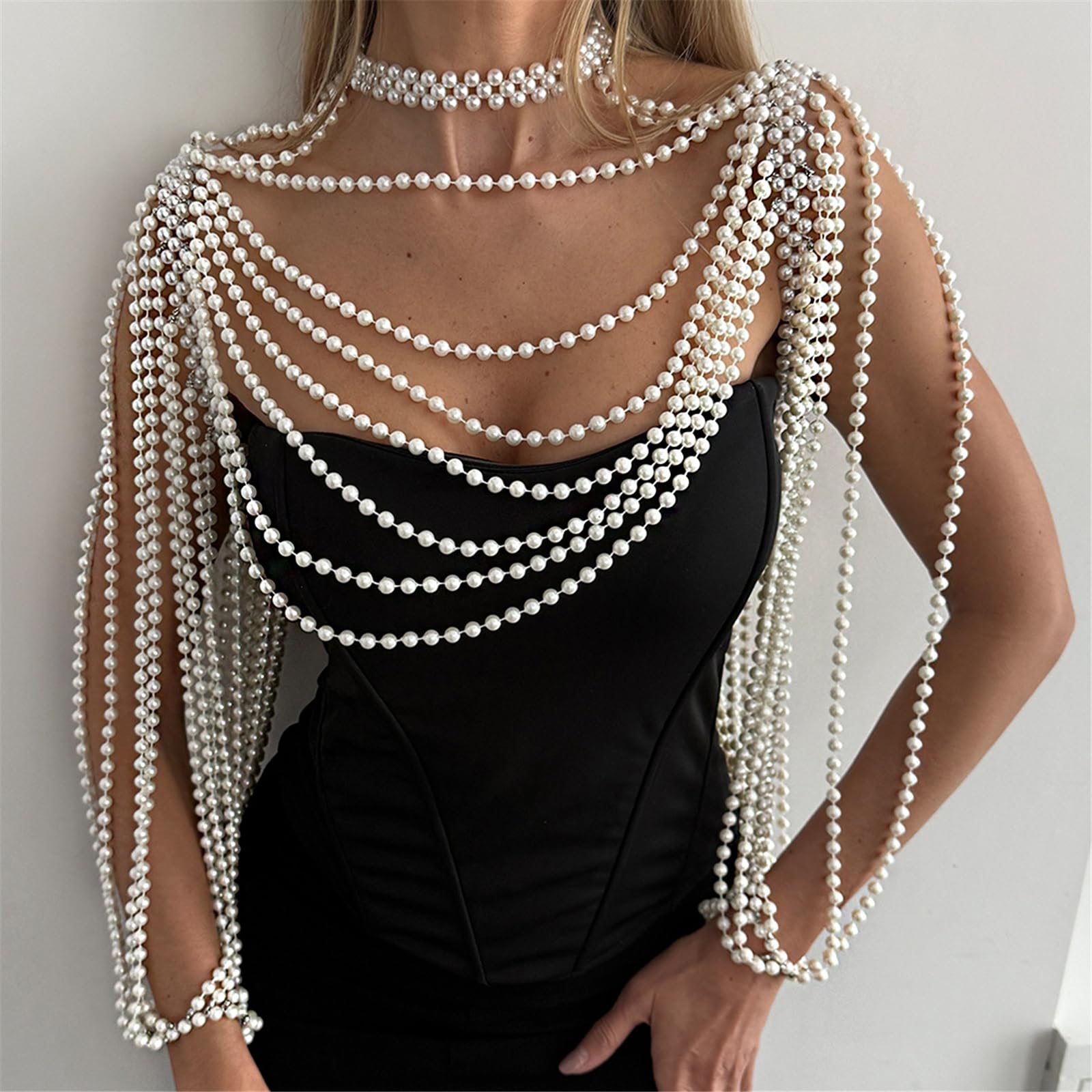 Collana per il corpo con perle di ispirazione vittoriana con frangia staccabile per eventi eleganti e fotografie, gioiello dal design leggero