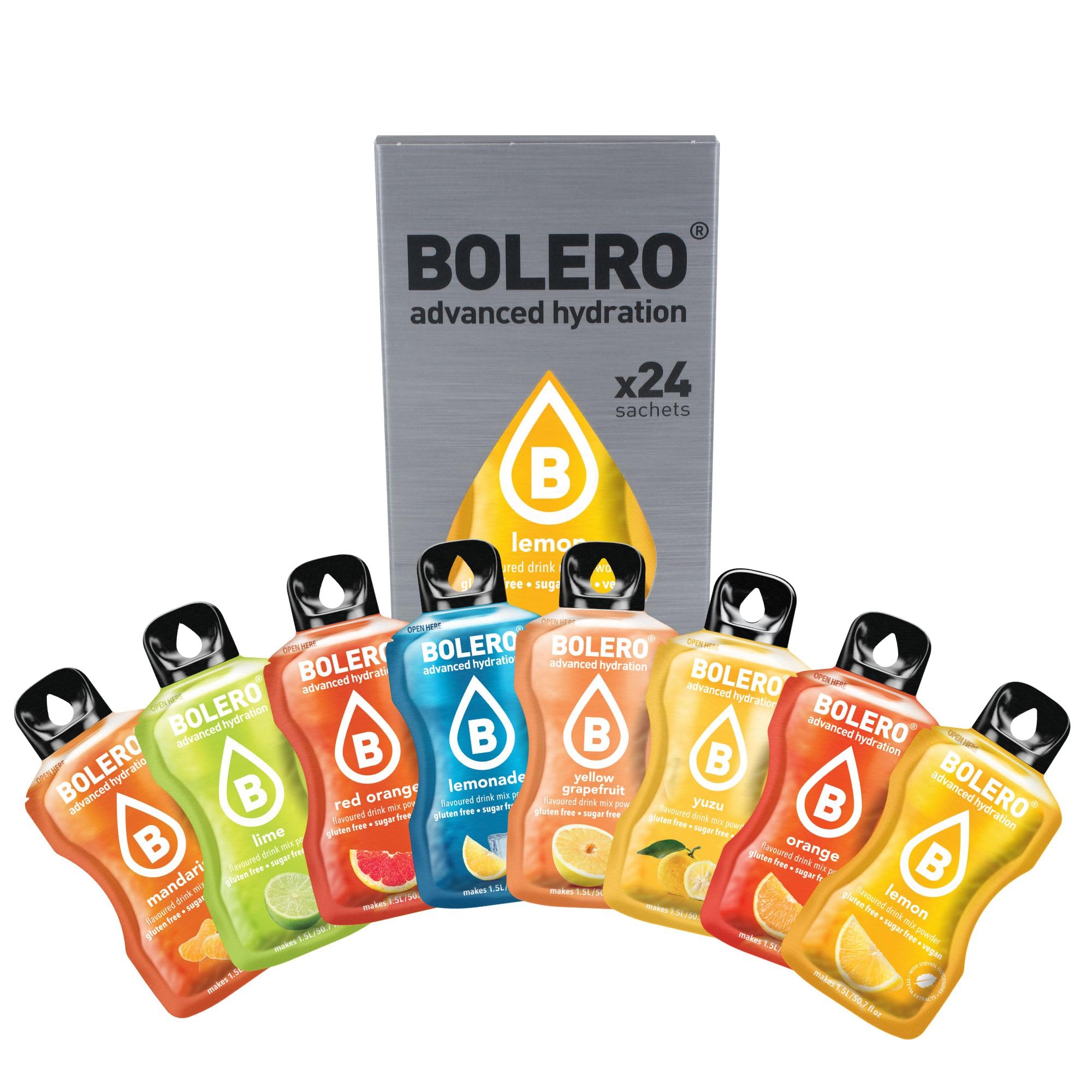 Bolero CITRUS MIX | 24x9g | Refrescante polvo para bebidas sin azúcar endulzado con stevia | Limón, mandarina, lima, mandarina, naranja, pomelo amarillo, naranja roja, limonada, tónica de pomelo