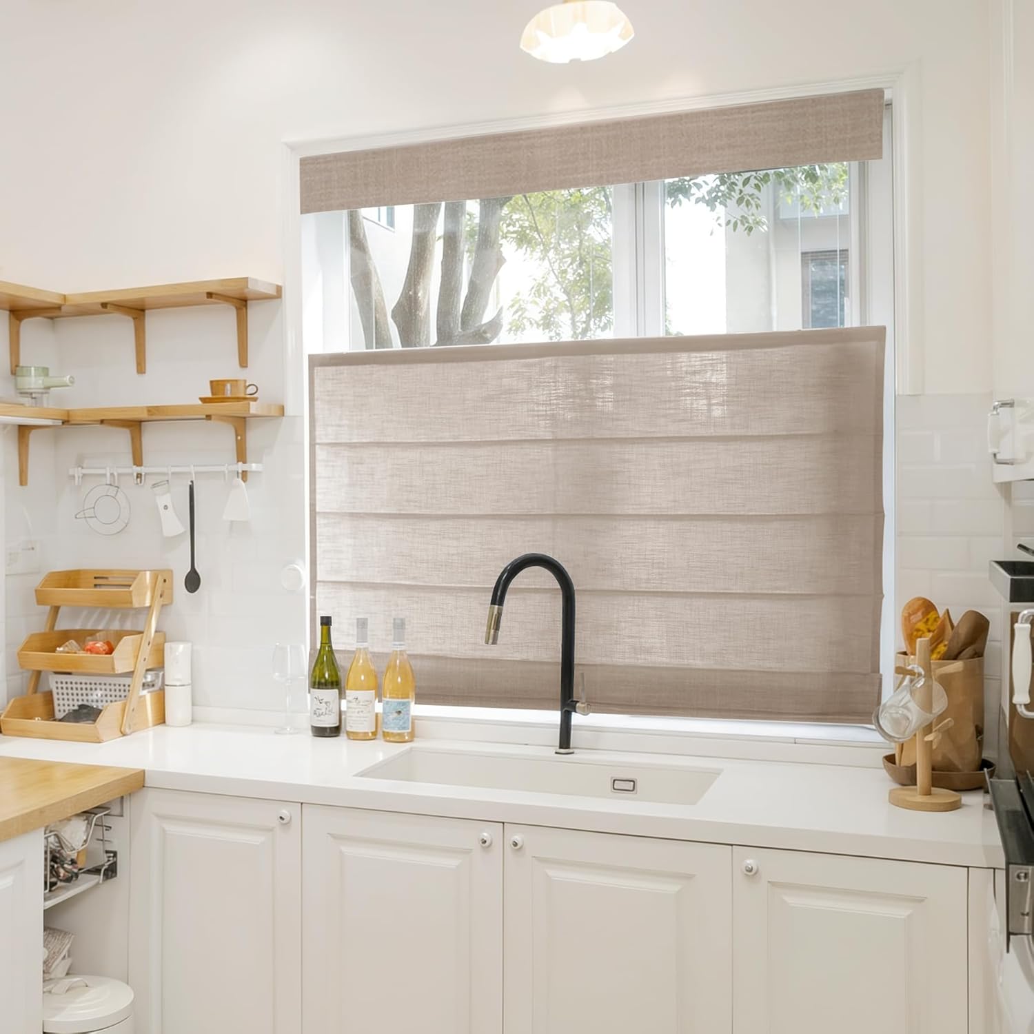 TWOPAGES Custom Made Linen Blend Cordless Roman Shade Light Filtering Blackout Shade Slat Roman Blind Window Treatment for Kitchen Windows, Install Hardware Included, 1 Piece, Tapioca