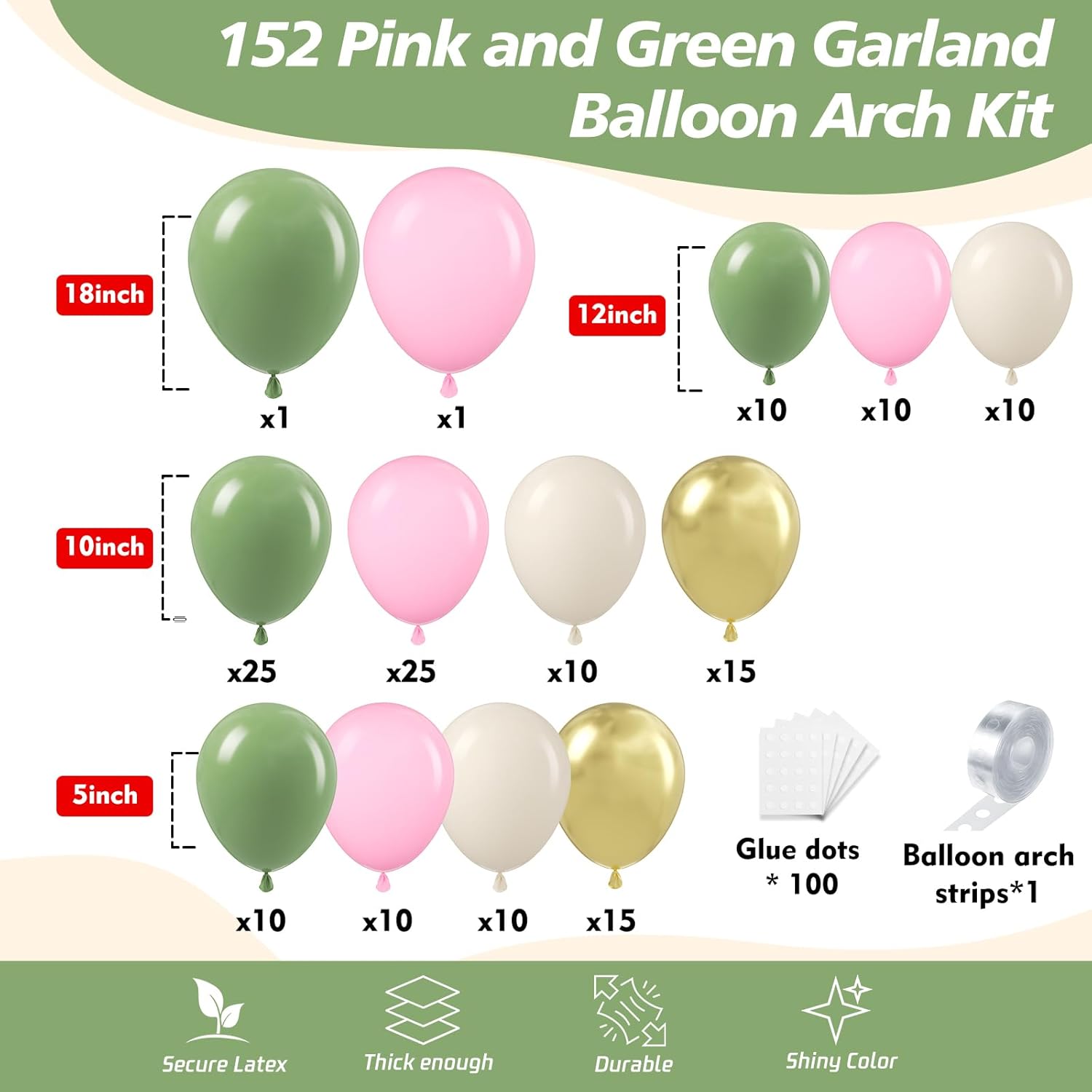 Condition photo showing Good Condition for 152pcs pink and green balloon garland arch kit - sage green and pink white sand gold different size balloons for girl baby shower wedding birthday jungle safari woodland party decorations