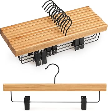 TOPIA HANGER Pants Hangers 10 Pack, Bamboo Clothes Hangers with Black Clips and Rotatable Hook, Durable Natural Wooden Hangers for Skirts, Pants, Jeans, Shorts - CTS04