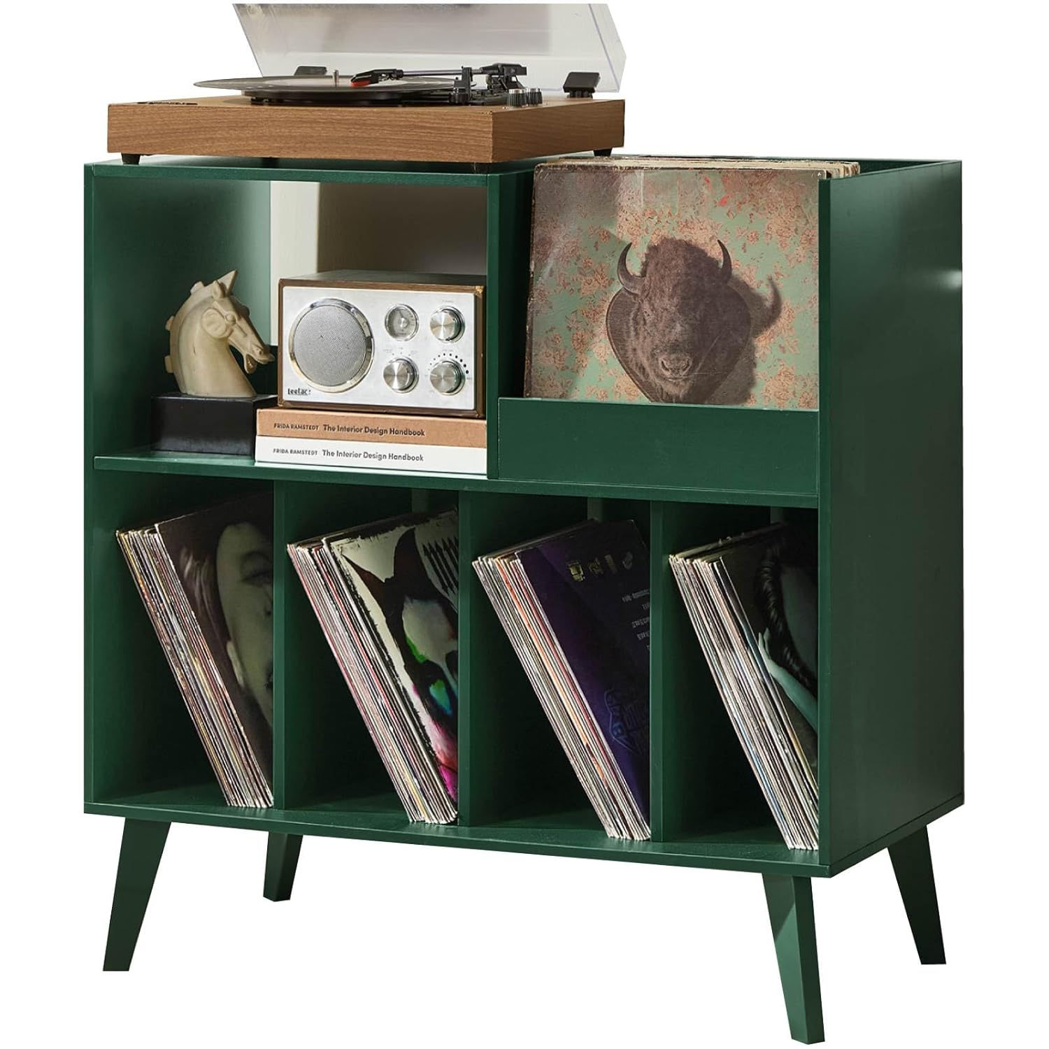 LELELINKY Large 48'' Record Player Stand with Storage, Vinyl Record Storage Holder with Display Area, Turntable Stand Reco