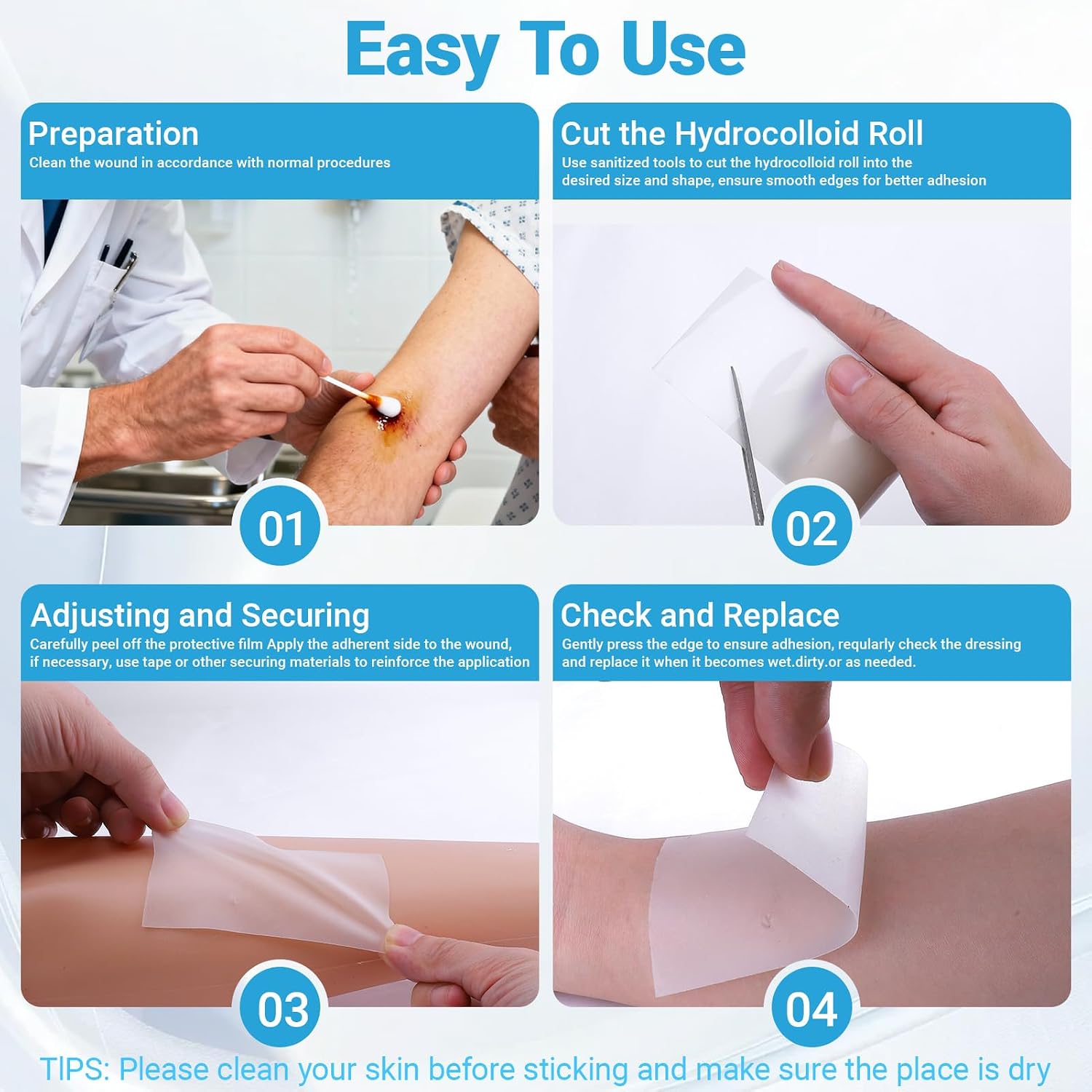 Hydrocolloid Roll for Wound Care,2IN x 16.5FT Large Hydrocolloid Patch Bandages,Self-Adhesive,Ultra Absorbent,Flexible&Waterproof,Cut-to-Size for Burn,Blister,Acne Care,First Aid Kit Essential