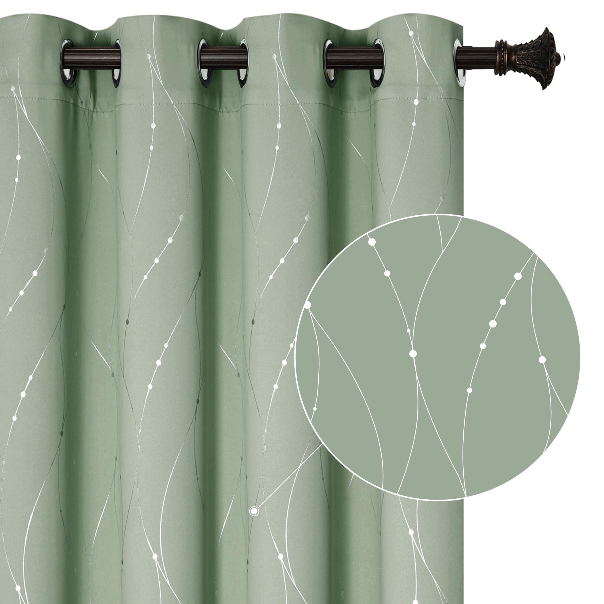 BUHUA Blackout Curtains Silver Foil Print Wave Line and Dots Grommet Drapes, Room Darkening Thermal Insulated Curtains, Noise Reducing Curtain for Bedroom, Sage Green, 52Wx63L, 2 Panels