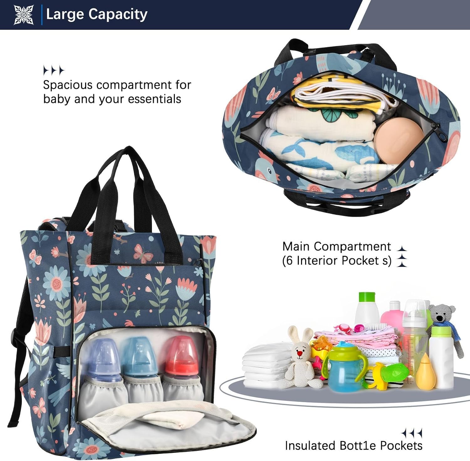 Spring Birds Flowers Blue Pattern Diaper Bag Backpack for Baby Boys Girls Multifunction Baby Essentials Travel Tote with Stroller Straps & Bottle Storage Large Travel Diaper Backpack for Baby