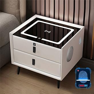 Smart Bedroom Nightstand with Fingerprint Lock and Adjustable LED Lights,Modern Bedside Cupboard with USB and Type-C Port, Wireless Charging Station and Speaker,Furniture Small Spaces Side