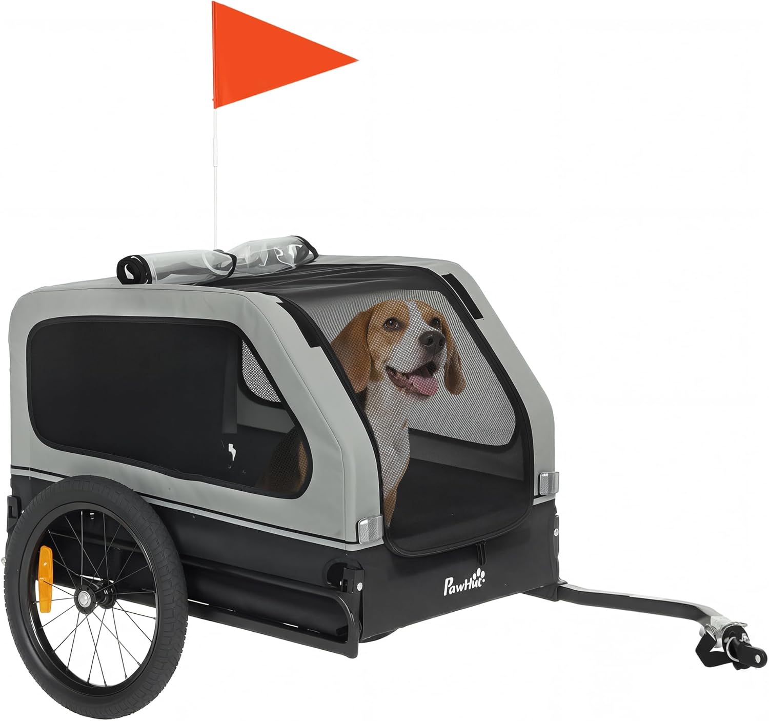 PawHut Dog Bike Trailer with Flip-Down Ramp Tailgate, Dog Cart Bicycle Carrier for Small and Medium Pets, Universal Bicycle Coupler, Reflectors, Flag, Internal Leash, Support Up to 44 lbs