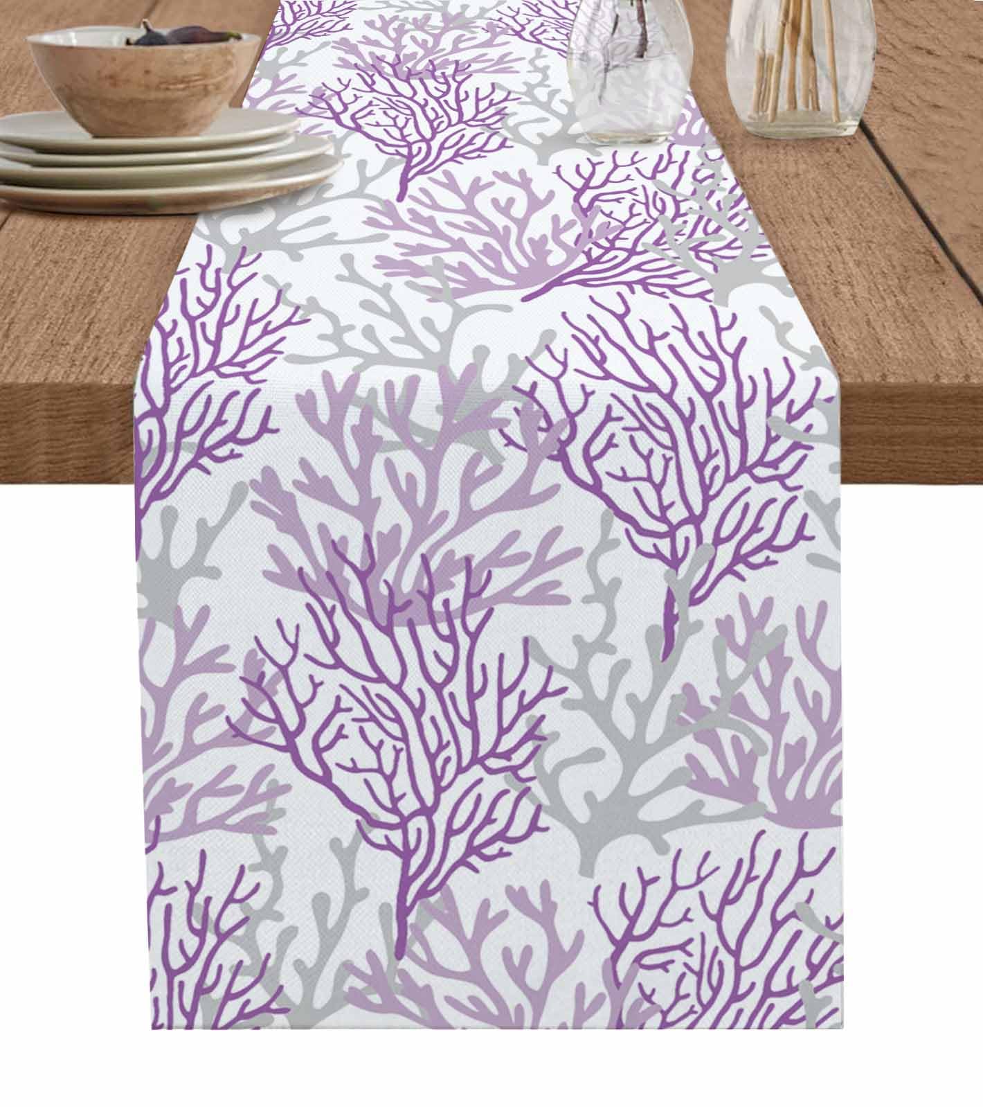 Chemin de table rectangulaire violet gris coton lin décoration fête 177cm