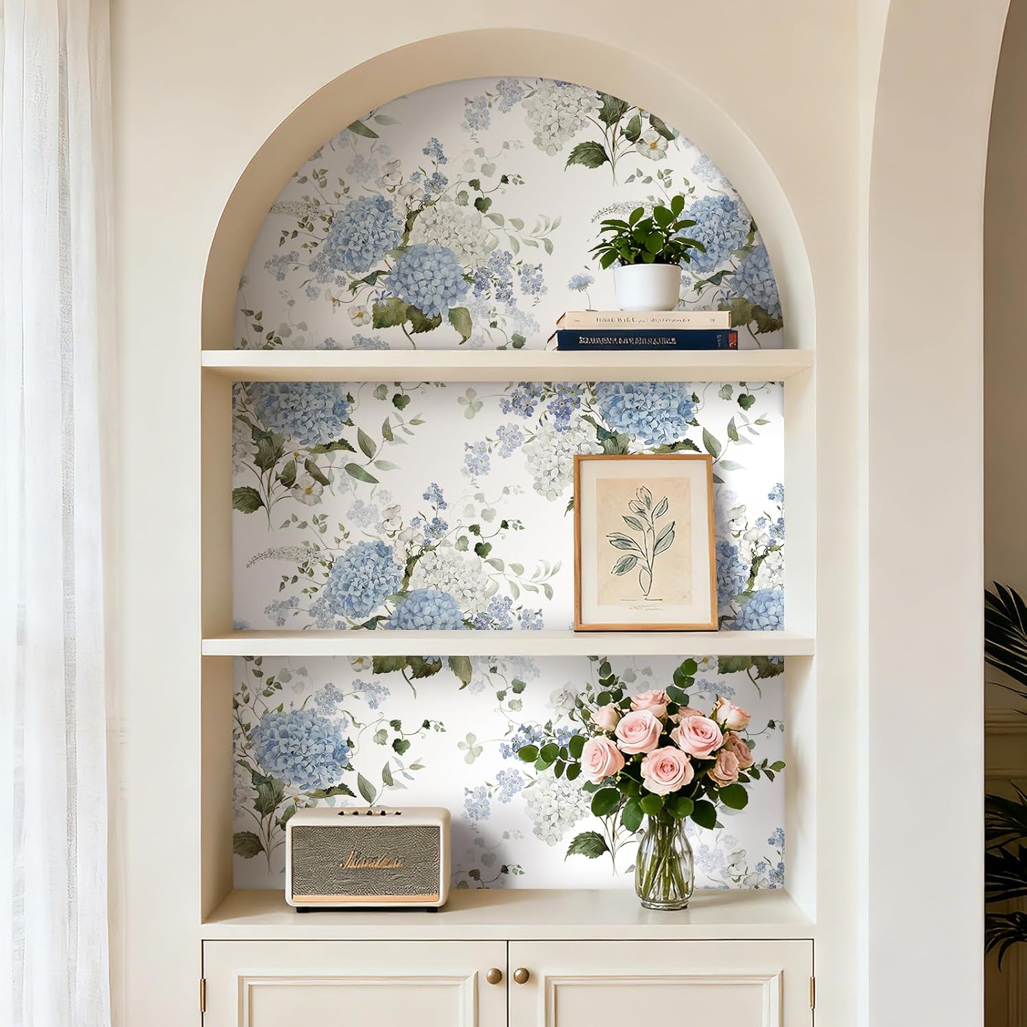 17.5x393 Nature Botanical Floral Peel and Stick Wallpaper Vintage Green White Blue Hydrangea Wallpaper for Bathroom Bedroom Prepasted Light Blue Floral Contact Paper Waterproof Shelf Liner