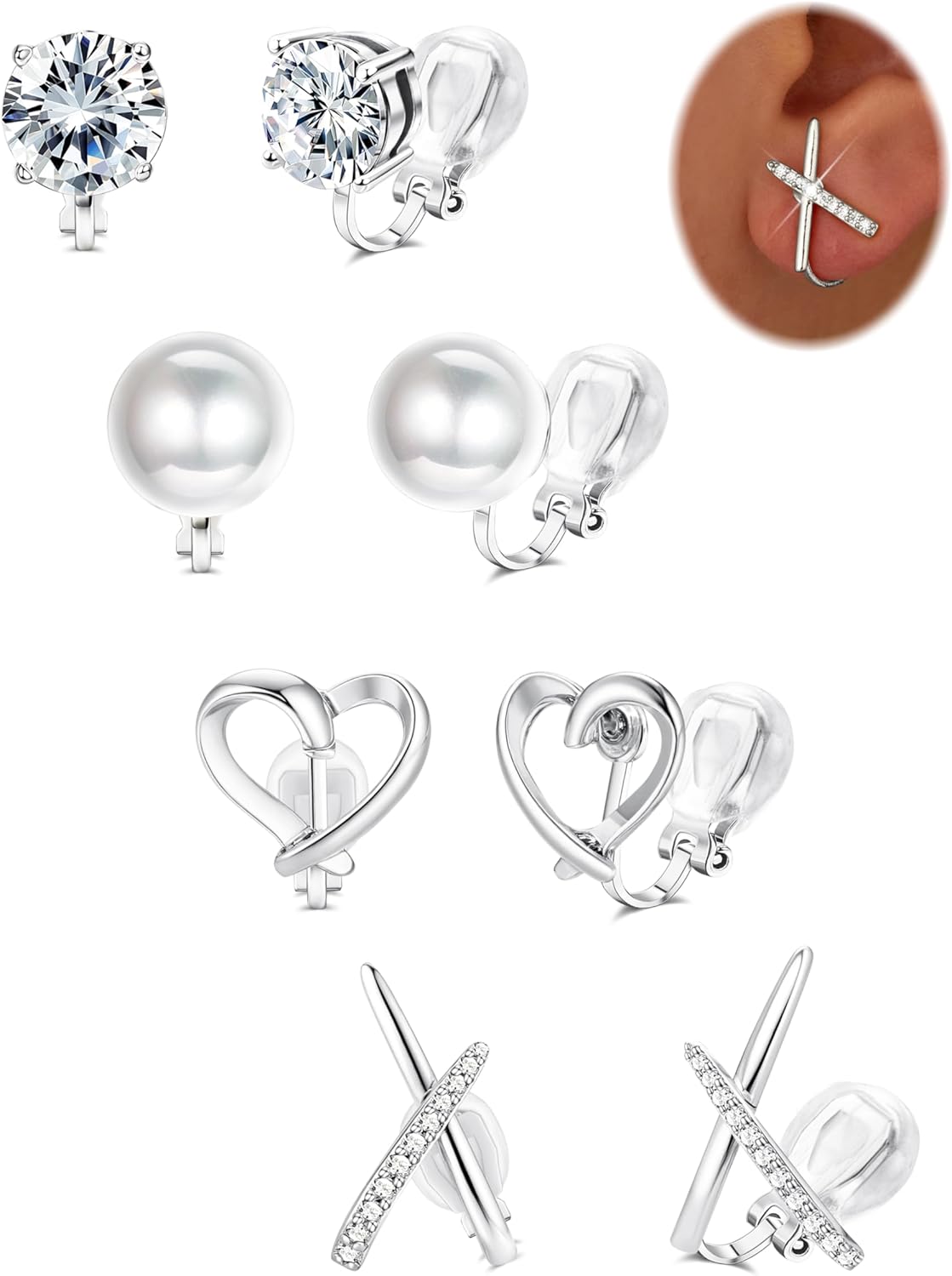FIOROYAL Oorclips voor dames zonder gaatjes - Goud Zilver clip-oorbellen voor kinderen en meisjes - Hypoallergene klipsieraden set met zirkonia/ bloemen/twist/hart/parel nep-oorbellen, mode-sieraden