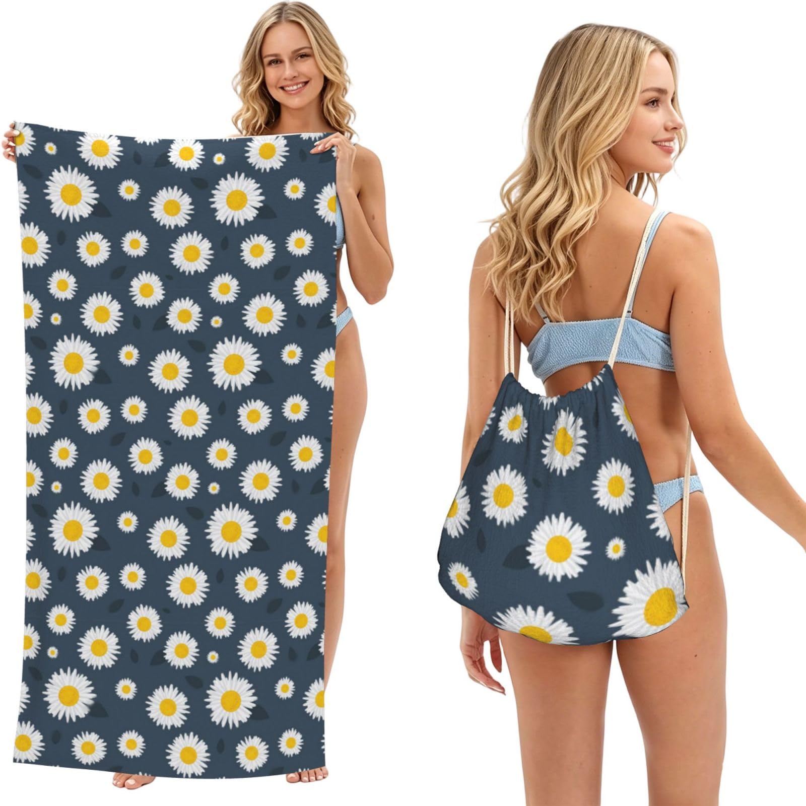 Poadnly As Picture Sunflower Daisy Floral Neck, 2 In 1 Packable Towel Bag, Beach Towels With Drawstring Backpack For Travel Holiday Camping