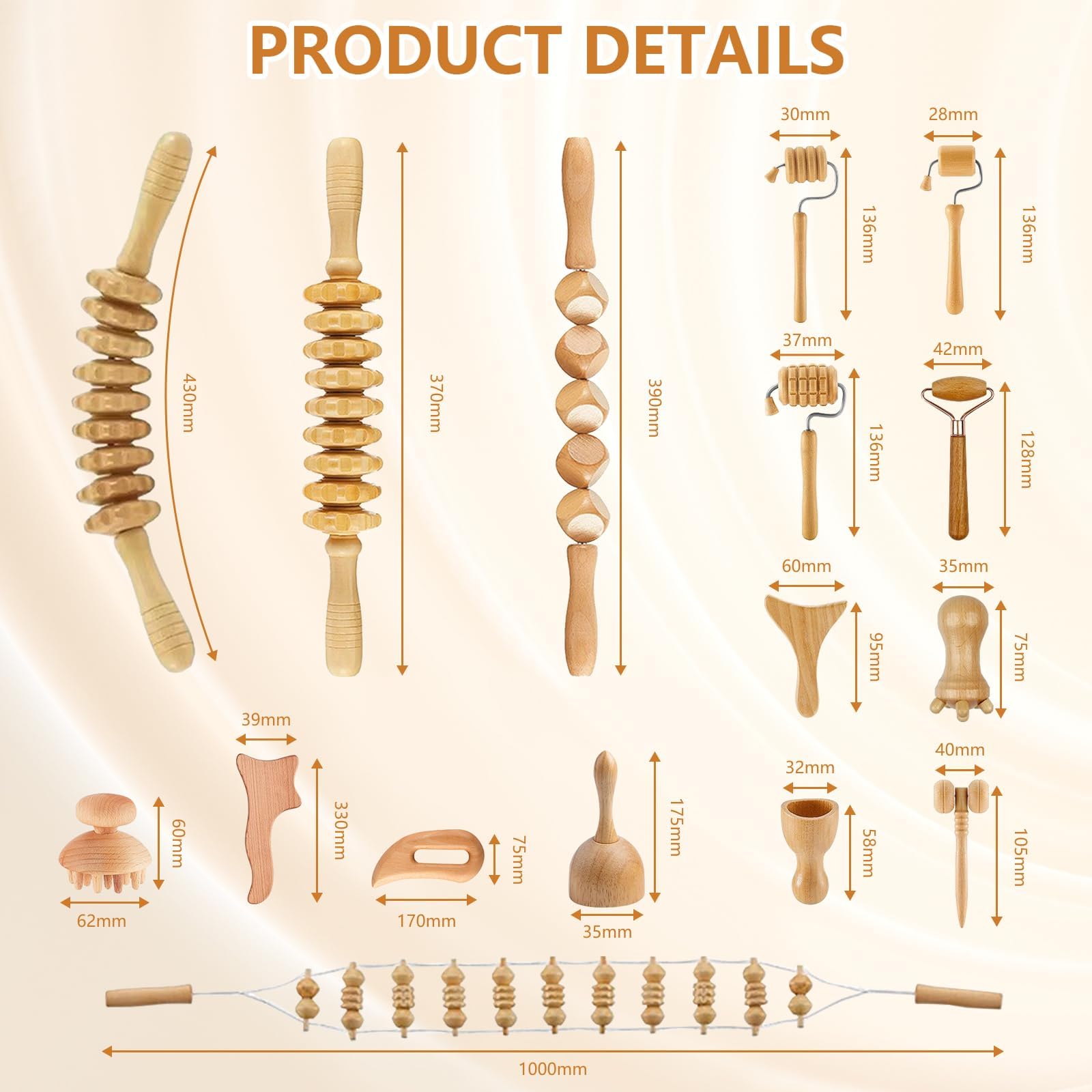 Ensemble de massage en bois de 16 pièces, avec drainage lymphatique, masseur cellulite, planche Gua Sha et rouleaux en bois pour façonner le corps et soulager les douleurs musculaires