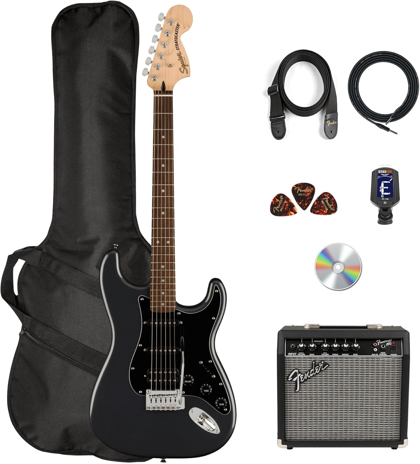 Fender Squier Affinity Stratocaster HSS - Charcoal Frost Metallic Bundle with Frontman 10G Amplifier, Cable, Gig Bag, Strap, Picks, Online Lessons, and Austin Bazaar Instructional DVD